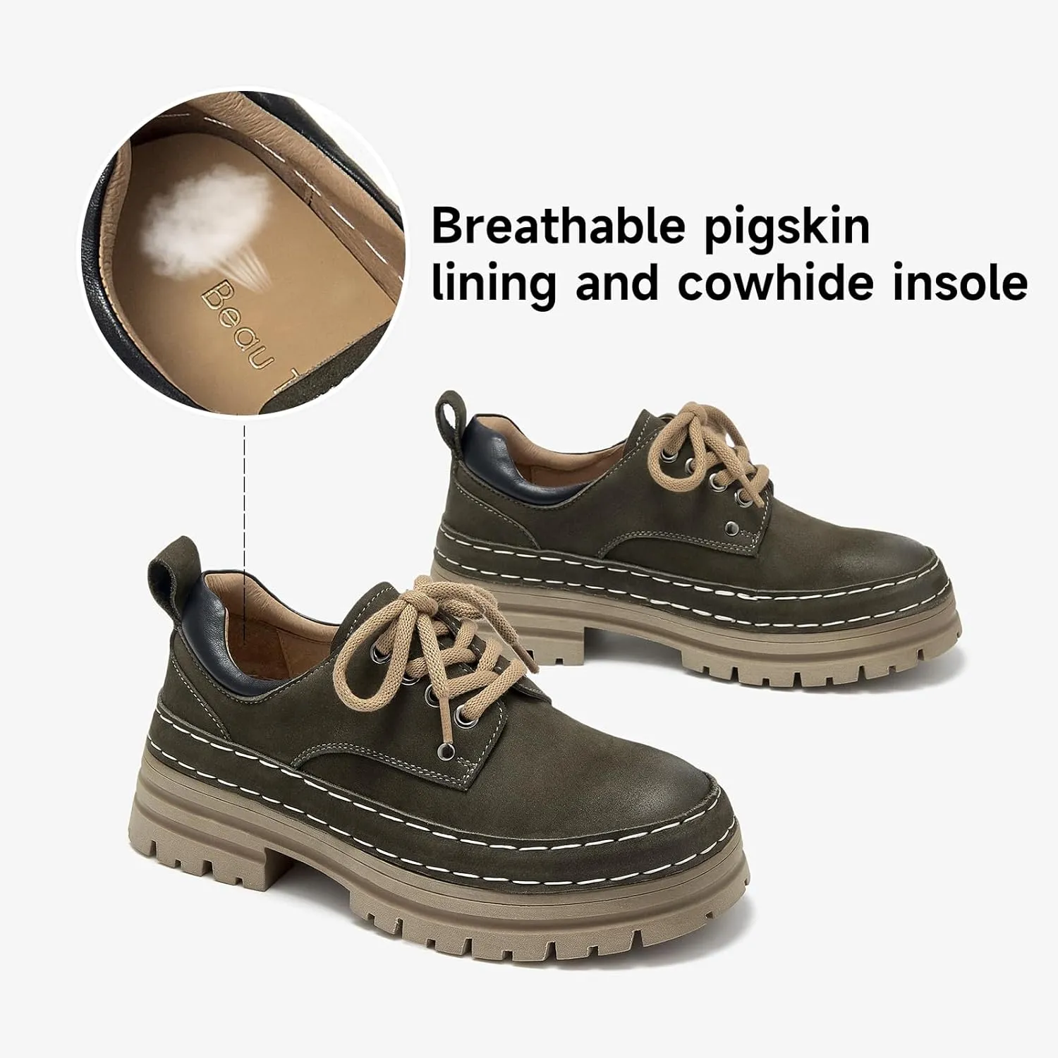 BEAU TODAY Womens Chunky Oxfords, Platform Oxfords for Women, Leather Oxford Shoes for Women, Casual Comfortable Working Hiking Shoes