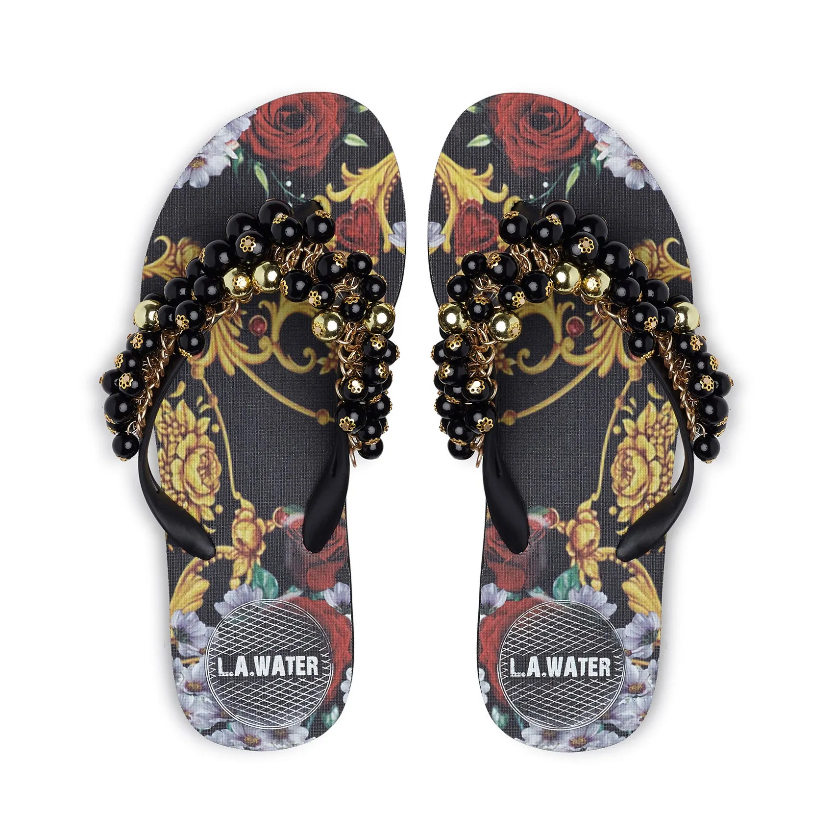 BLACK AND GOLD BAROQUE SLIPPERS