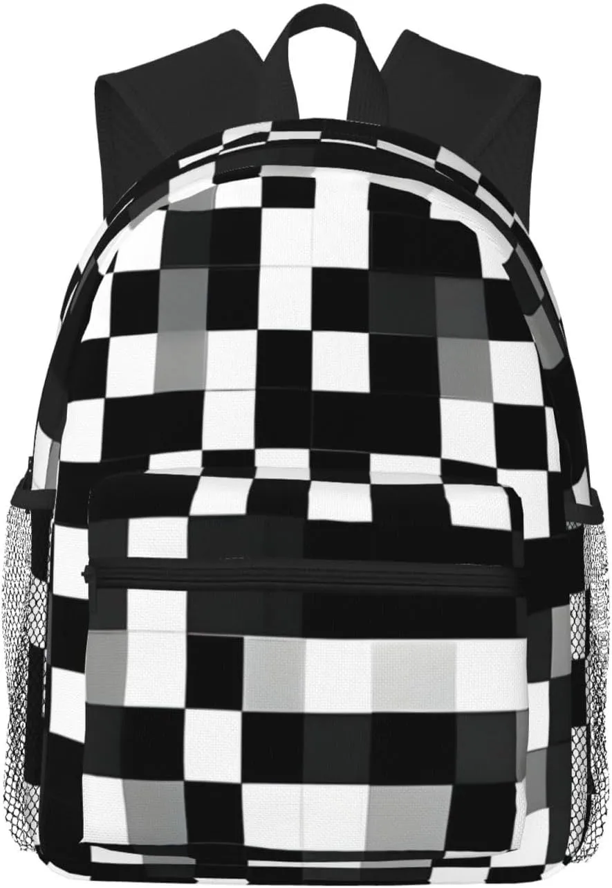 Black White Formula Checkered Pattern Print Lightweight And Comfortable Duffel Bag, Casual Daypack, Multipurpose Backpack