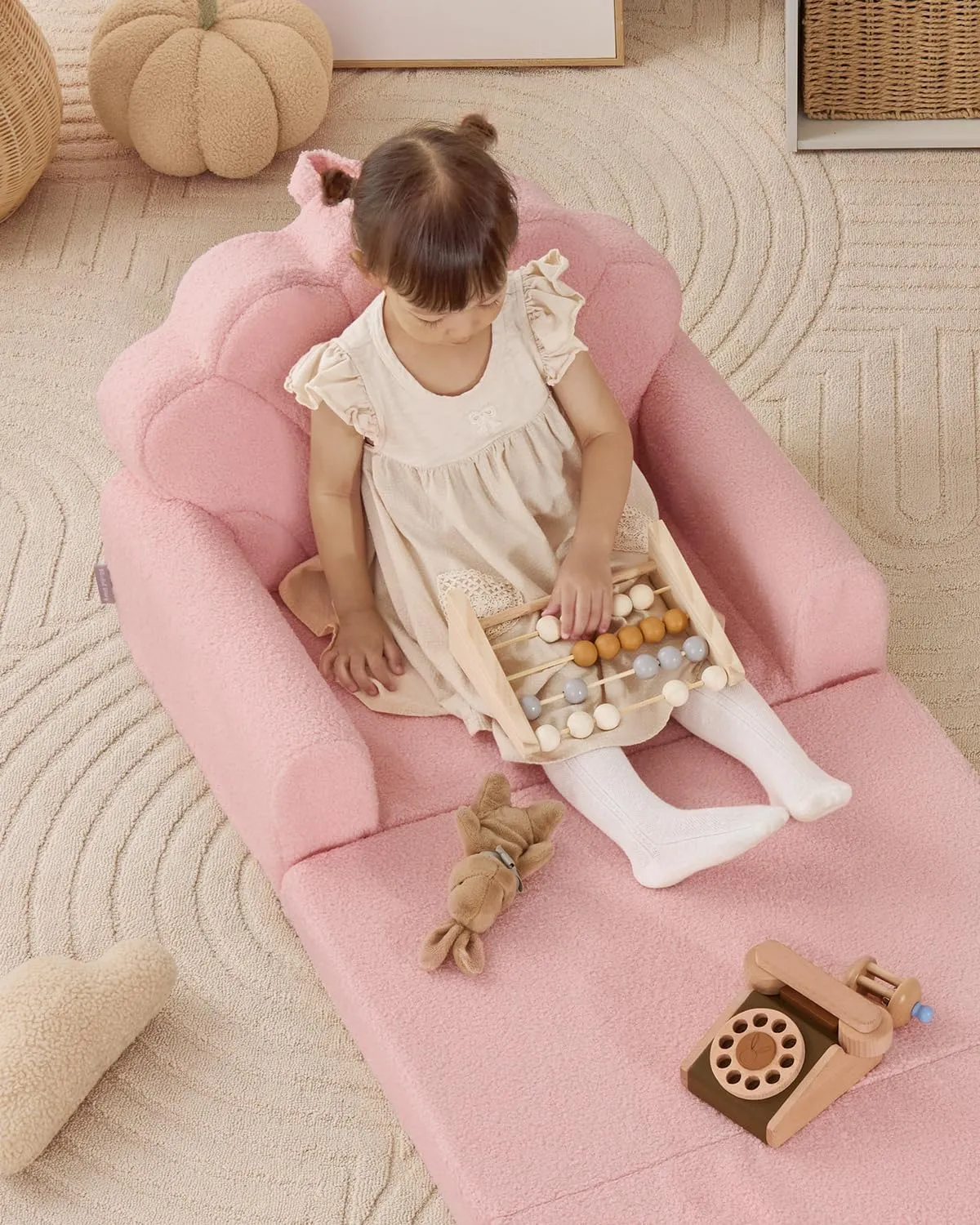 Blissful Diary Kids Couch, 2-in-1 Soft Toddler Couch Fold Out, Toddler Chair Comfy, Convertible Sofa to Lounger, Kids Furniture for Playroom, Gift for Birthday, Children's Day, Pink Shell