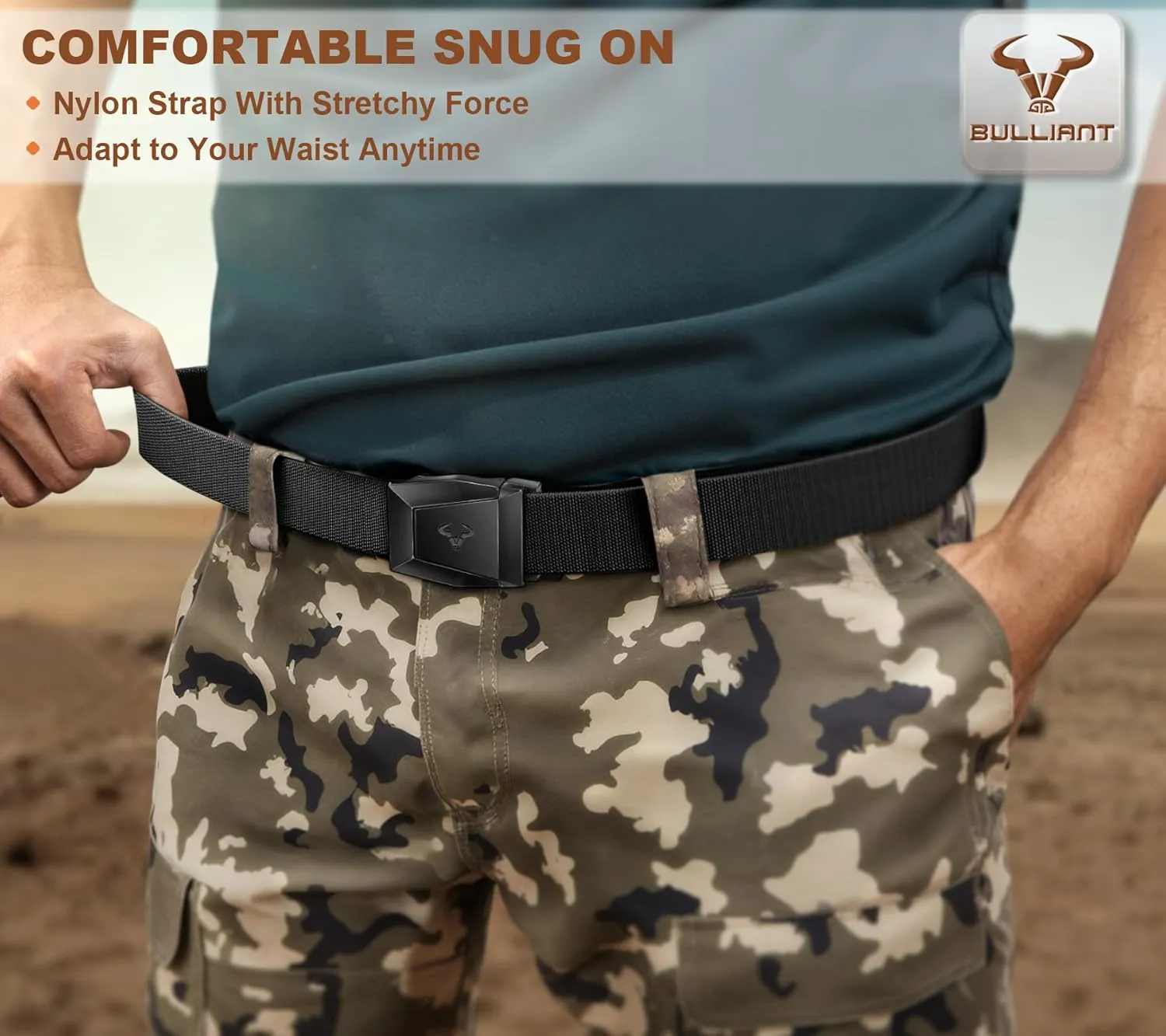 BULLIANT Men Belt,Tactical Stretch Belt Adjustable For Rigger Military Heavy Duty Work 1.5"-Cut For Fit