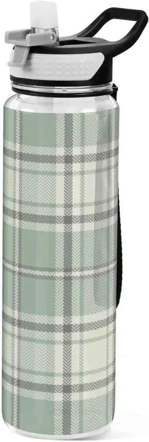 Caikeny Water Bottle with Straw Plaid Spring Sage Green Grey Sports Bottles BPA-Free Tritan Water Jug with Carrying Strap for Women Men Gym Outdoor Sports