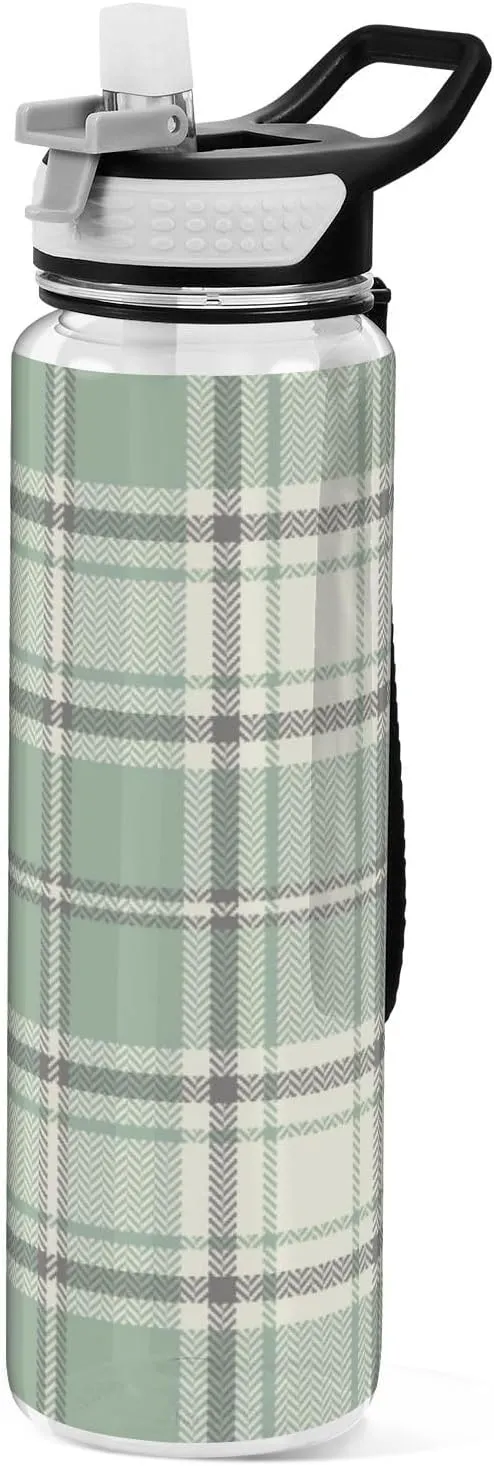 Caikeny Water Bottle with Straw Plaid Spring Sage Green Grey Sports Bottles BPA-Free Tritan Water Jug with Carrying Strap for Women Men Gym Outdoor Sports
