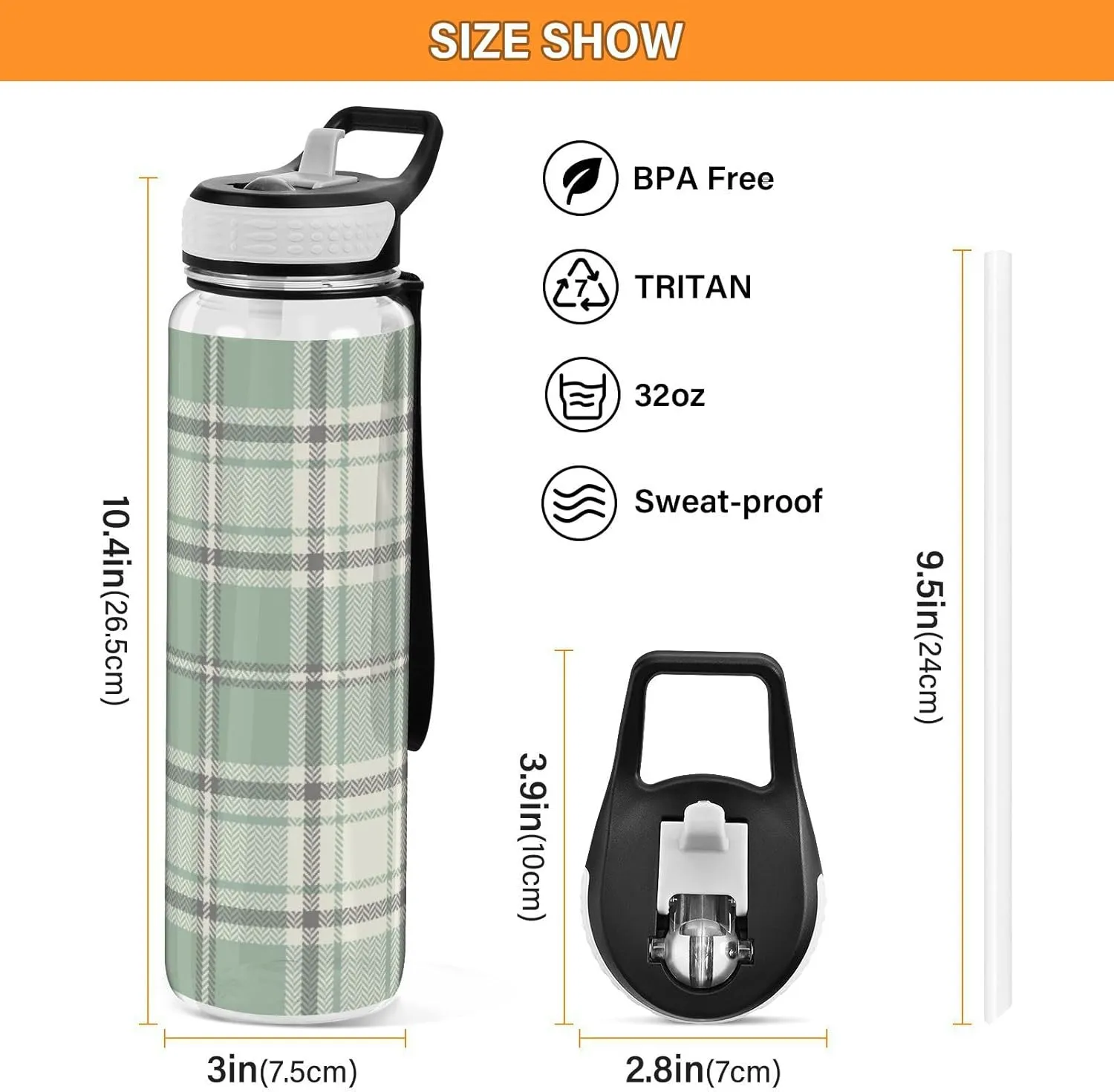 Caikeny Water Bottle with Straw Plaid Spring Sage Green Grey Sports Bottles BPA-Free Tritan Water Jug with Carrying Strap for Women Men Gym Outdoor Sports