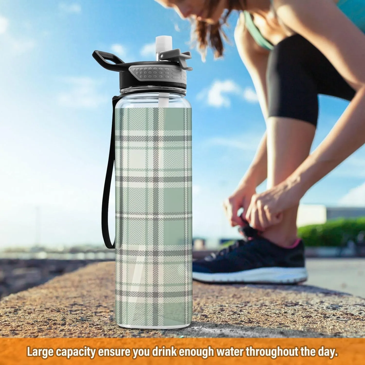 Caikeny Water Bottle with Straw Plaid Spring Sage Green Grey Sports Bottles BPA-Free Tritan Water Jug with Carrying Strap for Women Men Gym Outdoor Sports