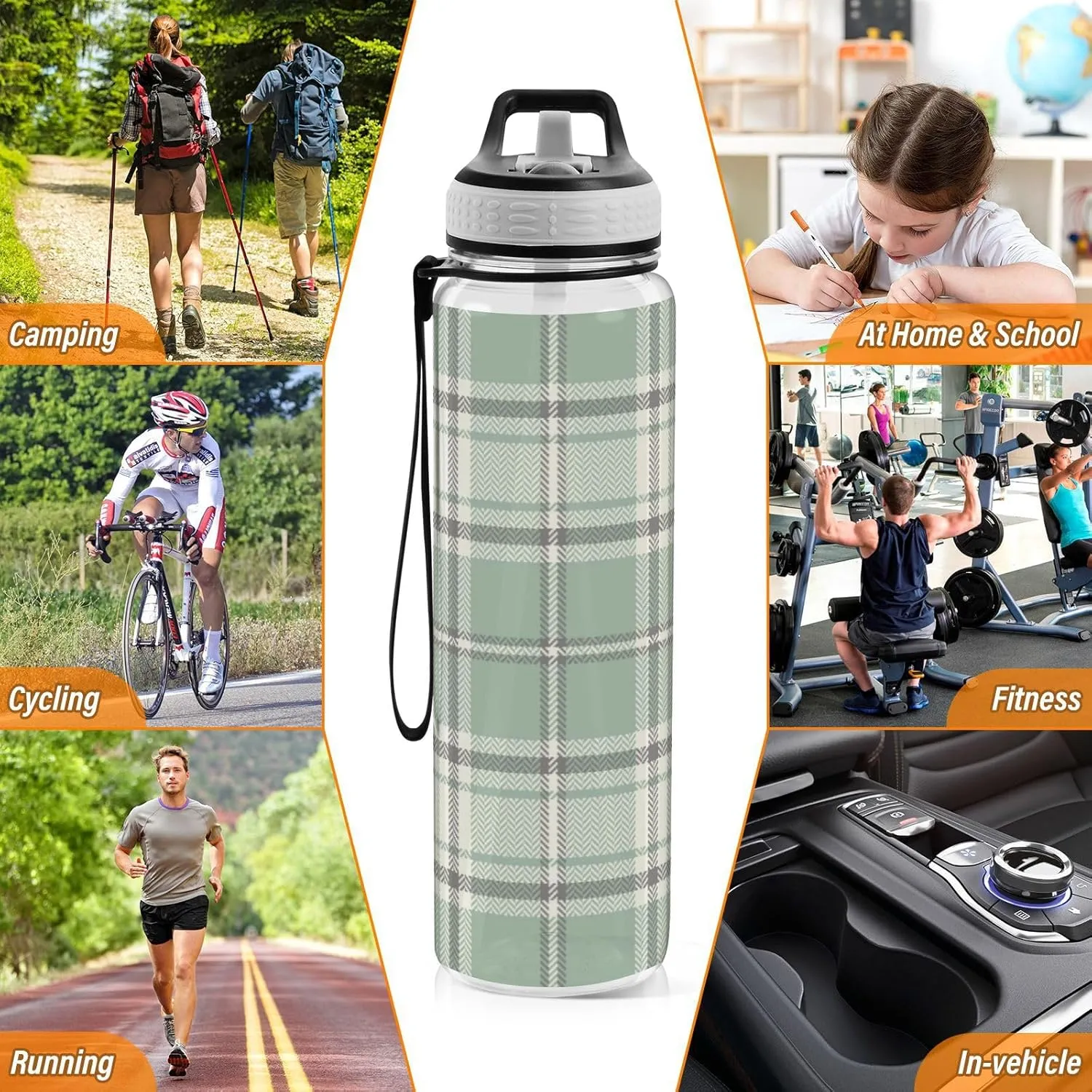 Caikeny Water Bottle with Straw Plaid Spring Sage Green Grey Sports Bottles BPA-Free Tritan Water Jug with Carrying Strap for Women Men Gym Outdoor Sports