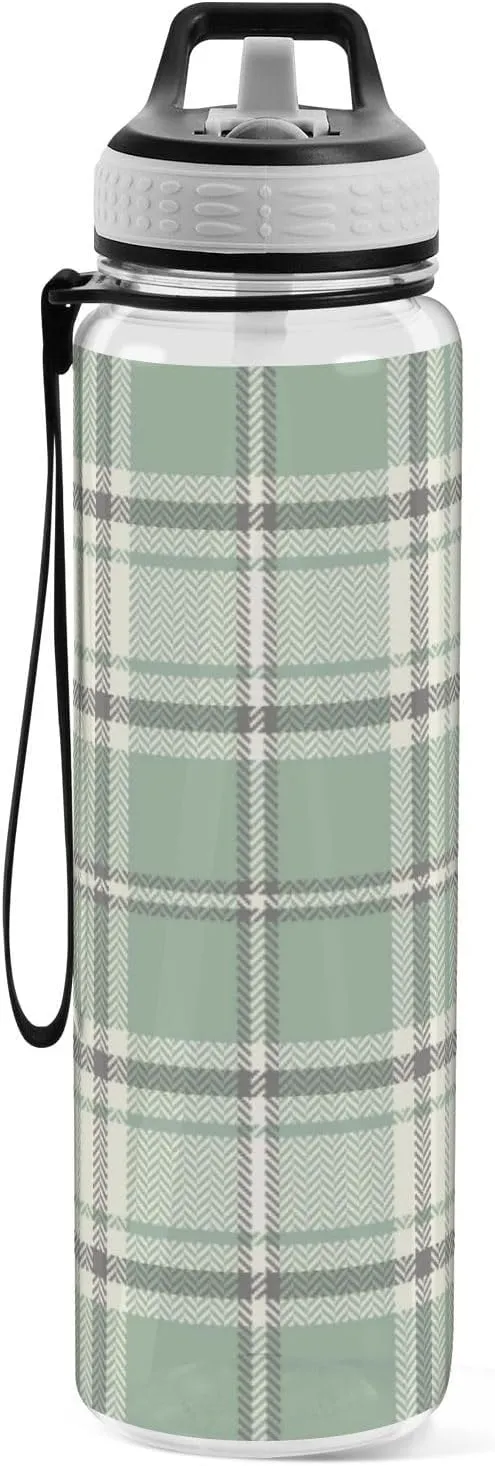 Caikeny Water Bottle with Straw Plaid Spring Sage Green Grey Sports Bottles BPA-Free Tritan Water Jug with Carrying Strap for Women Men Gym Outdoor Sports