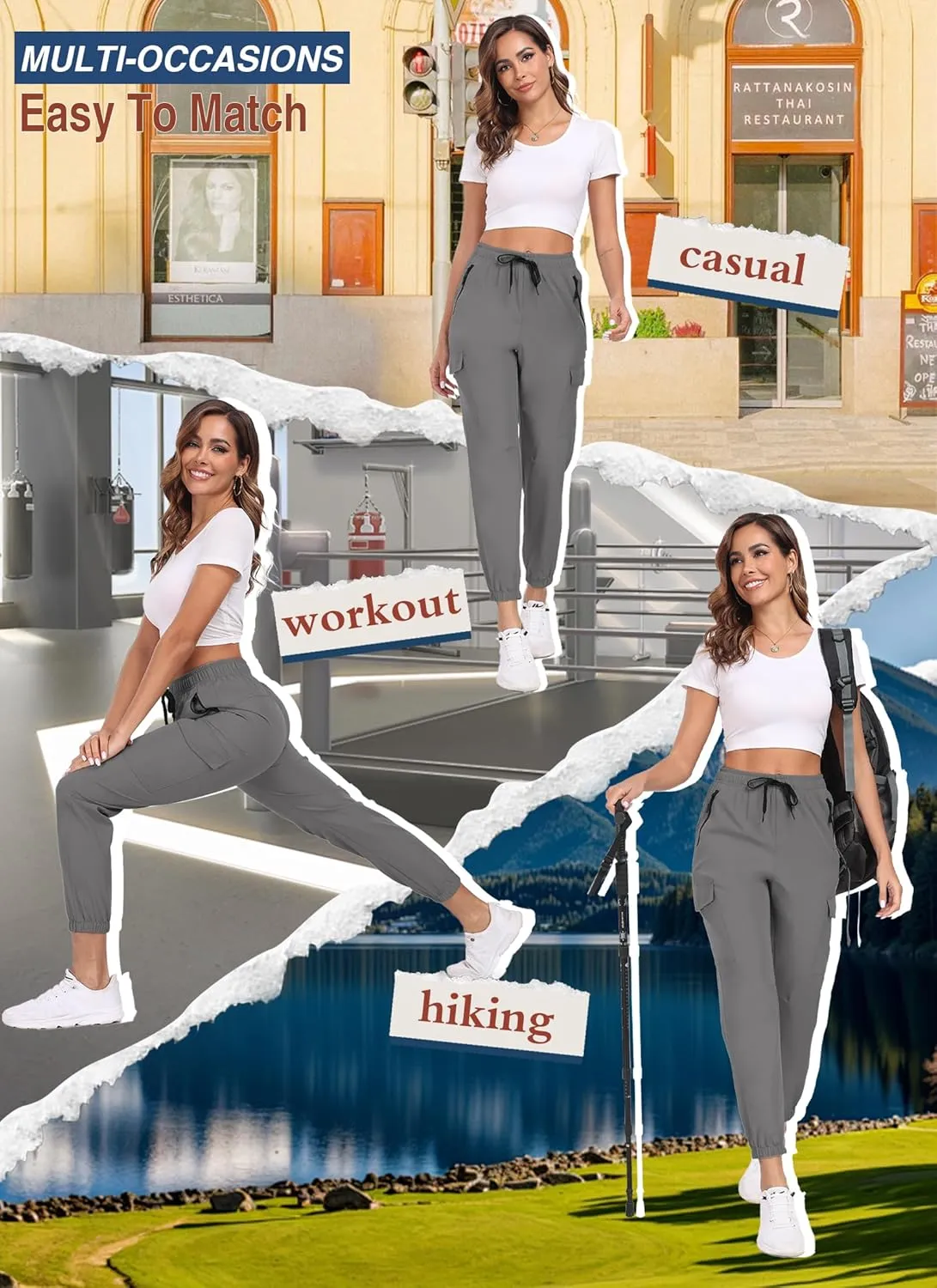 Cargo Pants Women Water Resistant Joggers with Pockets Hiking Pants Lightweight Quick Dry Elastic Waist Pants HH2412