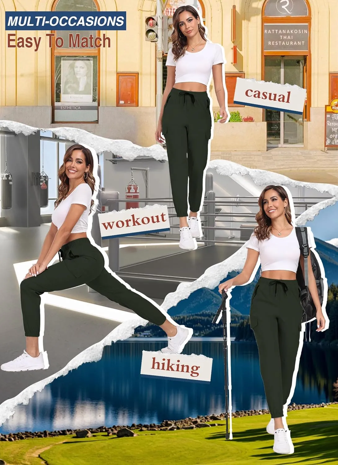 Cargo Pants Women Water Resistant Joggers with Pockets Hiking Pants Lightweight Quick Dry Elastic Waist Pants HH2412