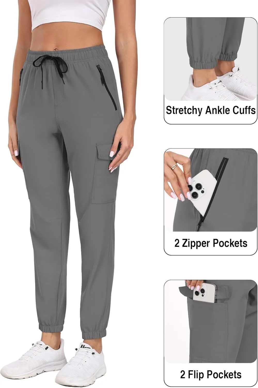 Cargo Pants Women Water Resistant Joggers with Pockets Hiking Pants Lightweight Quick Dry Elastic Waist Pants HH2412