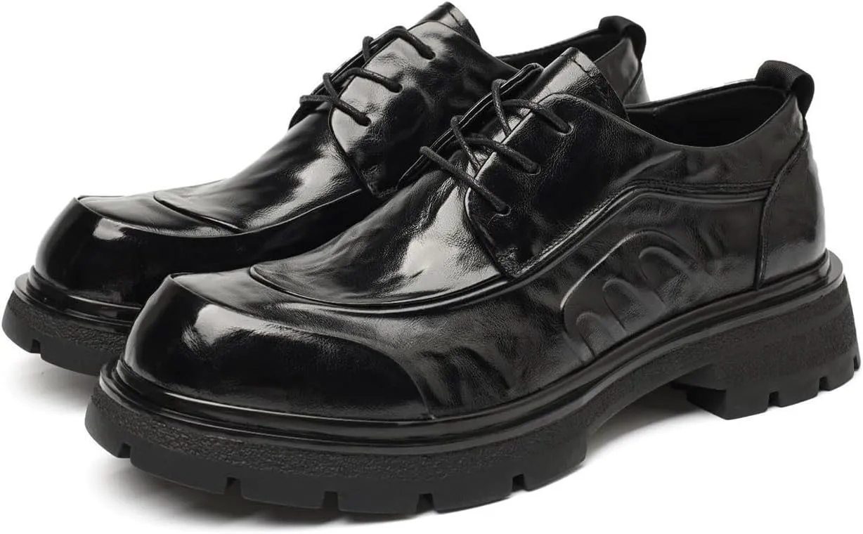 Chunky Oxford Shoes for Men Leather Lace-Up Comfort Dress Shoes Low Block Business Oxfords