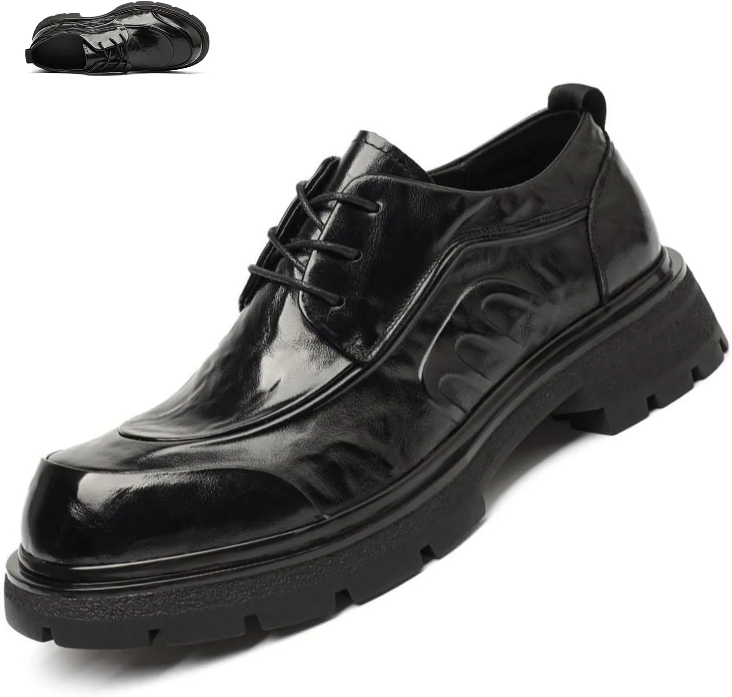 Chunky Oxford Shoes for Men Leather Lace-Up Comfort Dress Shoes Low Block Business Oxfords