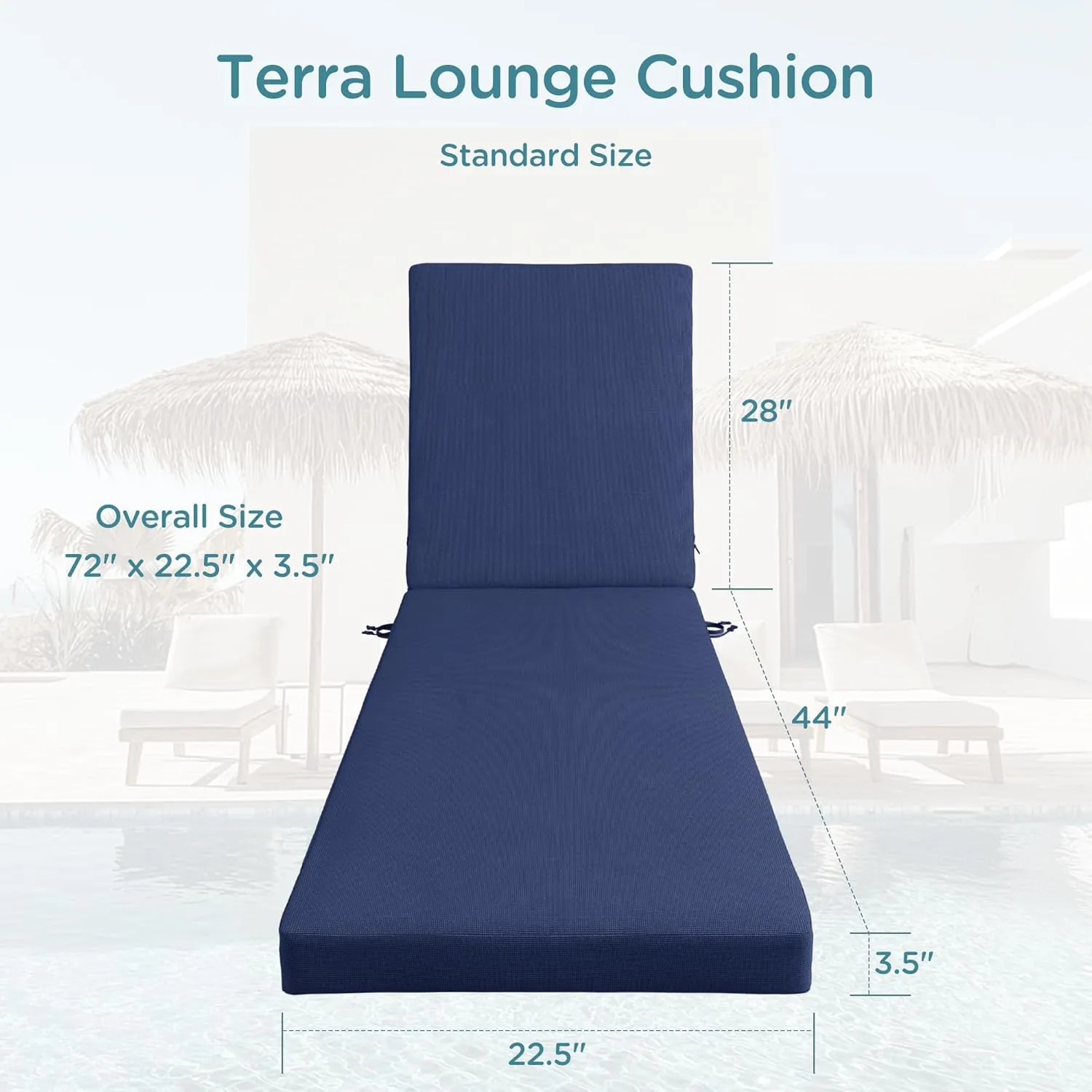 Codi Outdoor Lounge Chair Cushion, Chaise Cushions for Patio Furniture, Double Waterproof Fabric for Pool, 72 x 22.5 x 3.5 Inch 1PK Midnight Blue