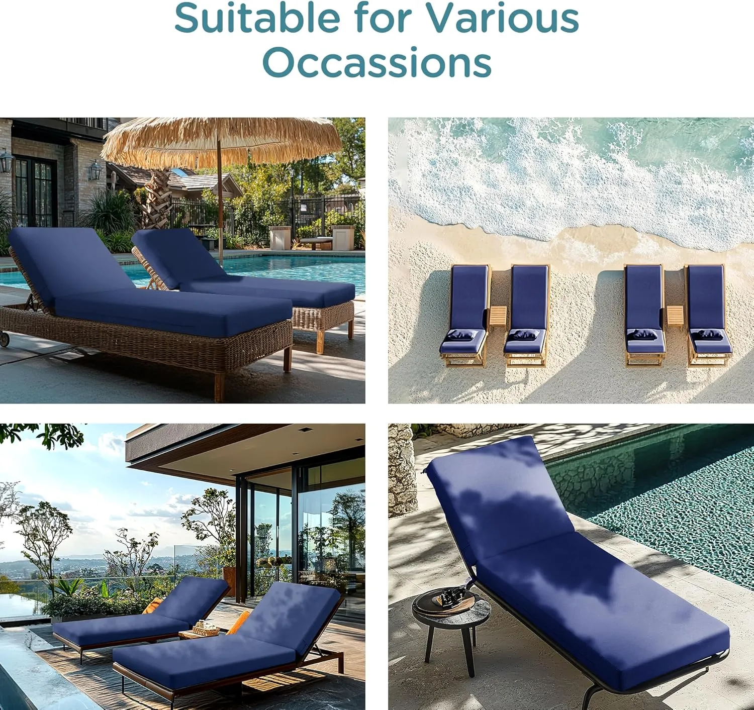 Codi Outdoor Lounge Chair Cushion, Chaise Cushions for Patio Furniture, Double Waterproof Fabric for Pool, 72 x 22.5 x 3.5 Inch 1PK Midnight Blue