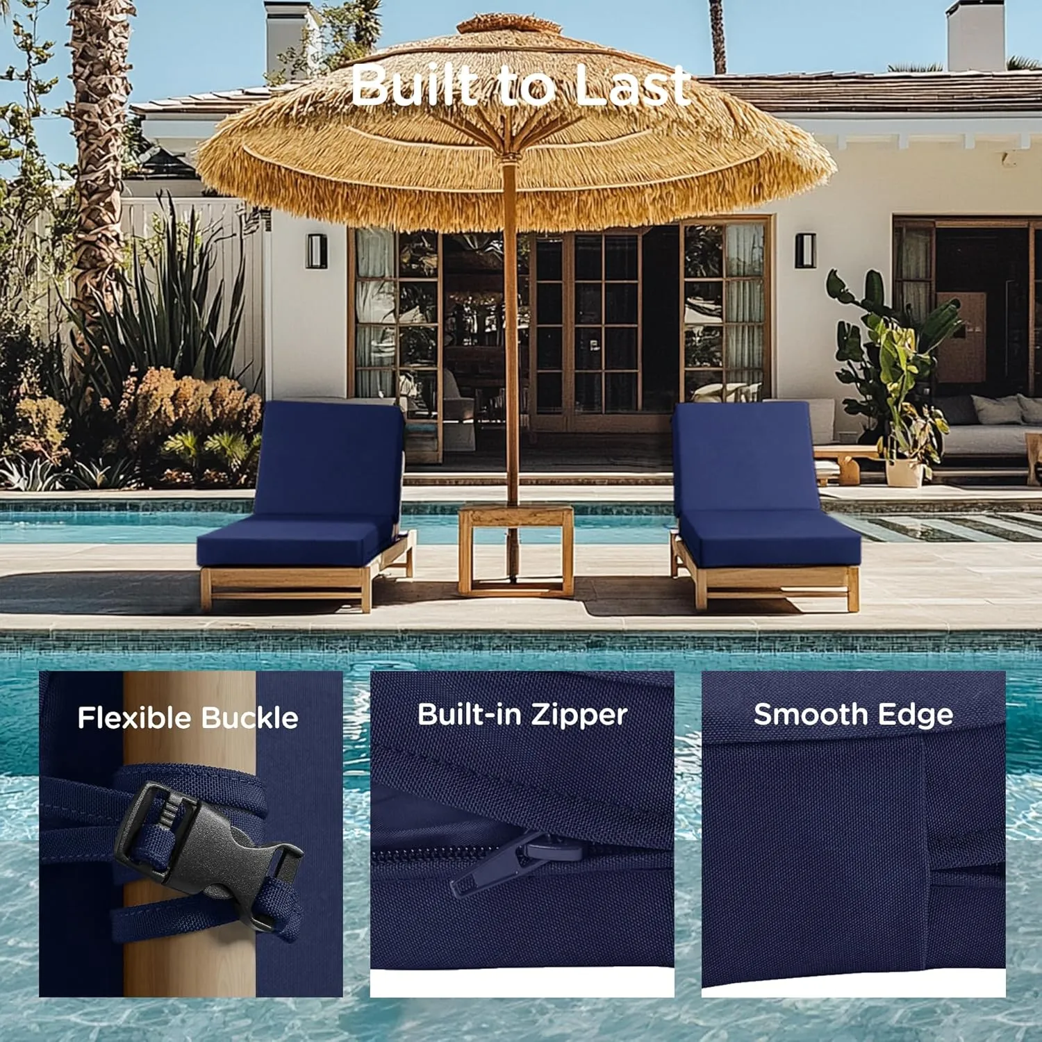 Codi Outdoor Lounge Chair Cushion, Chaise Cushions for Patio Furniture, Double Waterproof Fabric for Pool, 72 x 22.5 x 3.5 Inch 1PK Midnight Blue