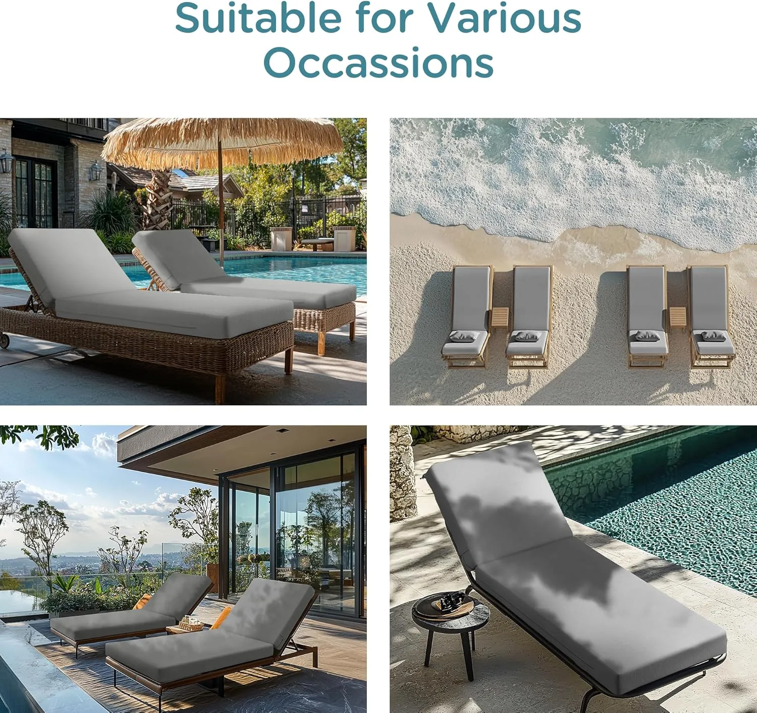 Codi Outdoor Lounge Chair Cushions, Chaise Cushion for Patio Furniture, Double Waterproof Fabric for Pool, 72 x 22.5 x 3.5 Inch 1PK Grey