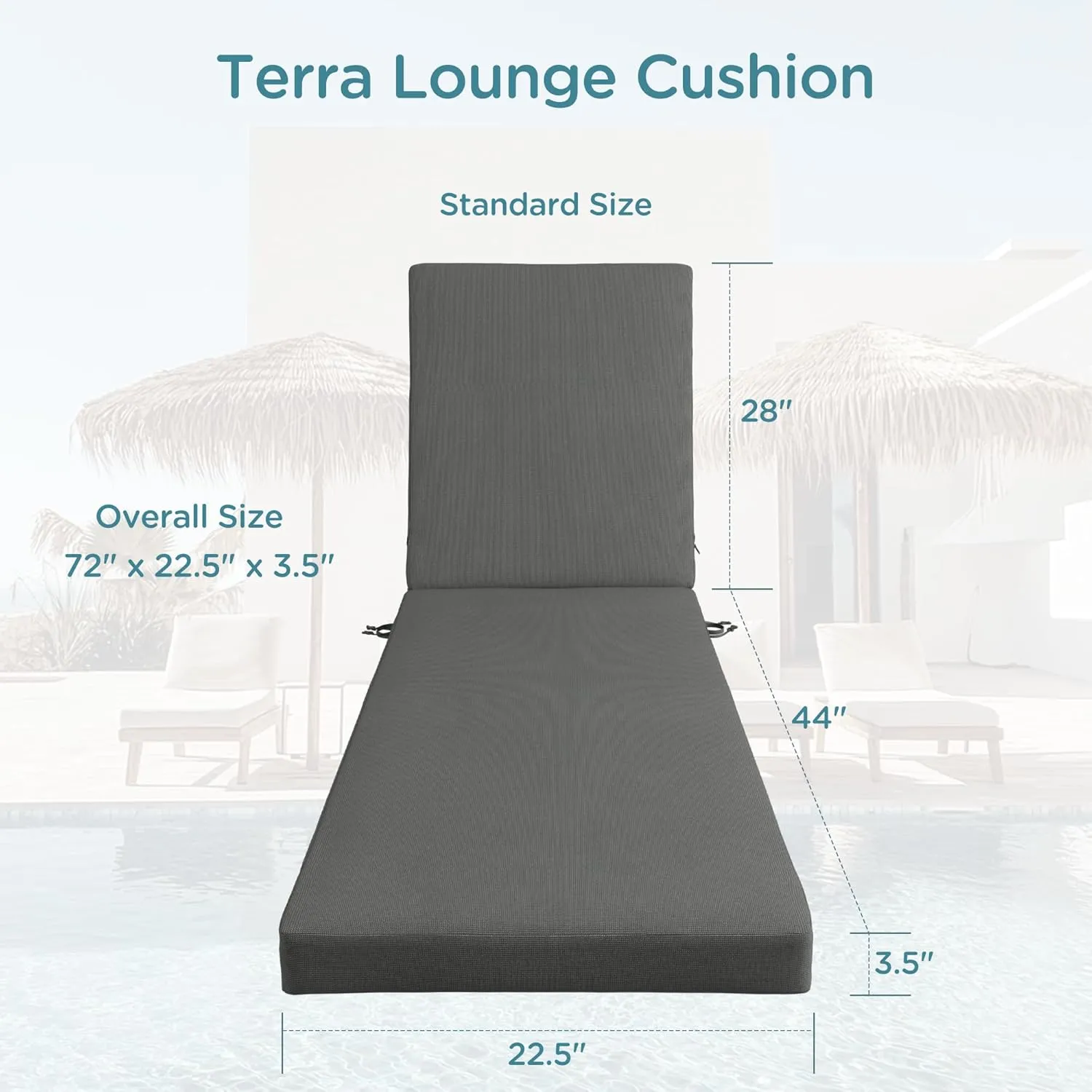 Codi Outdoor Lounge Chair Cushions, Chaise Cushion for Patio Furniture, Double Waterproof Fabric for Pool, 72 x 22.5 x 3.5 Inch 1PK Grey