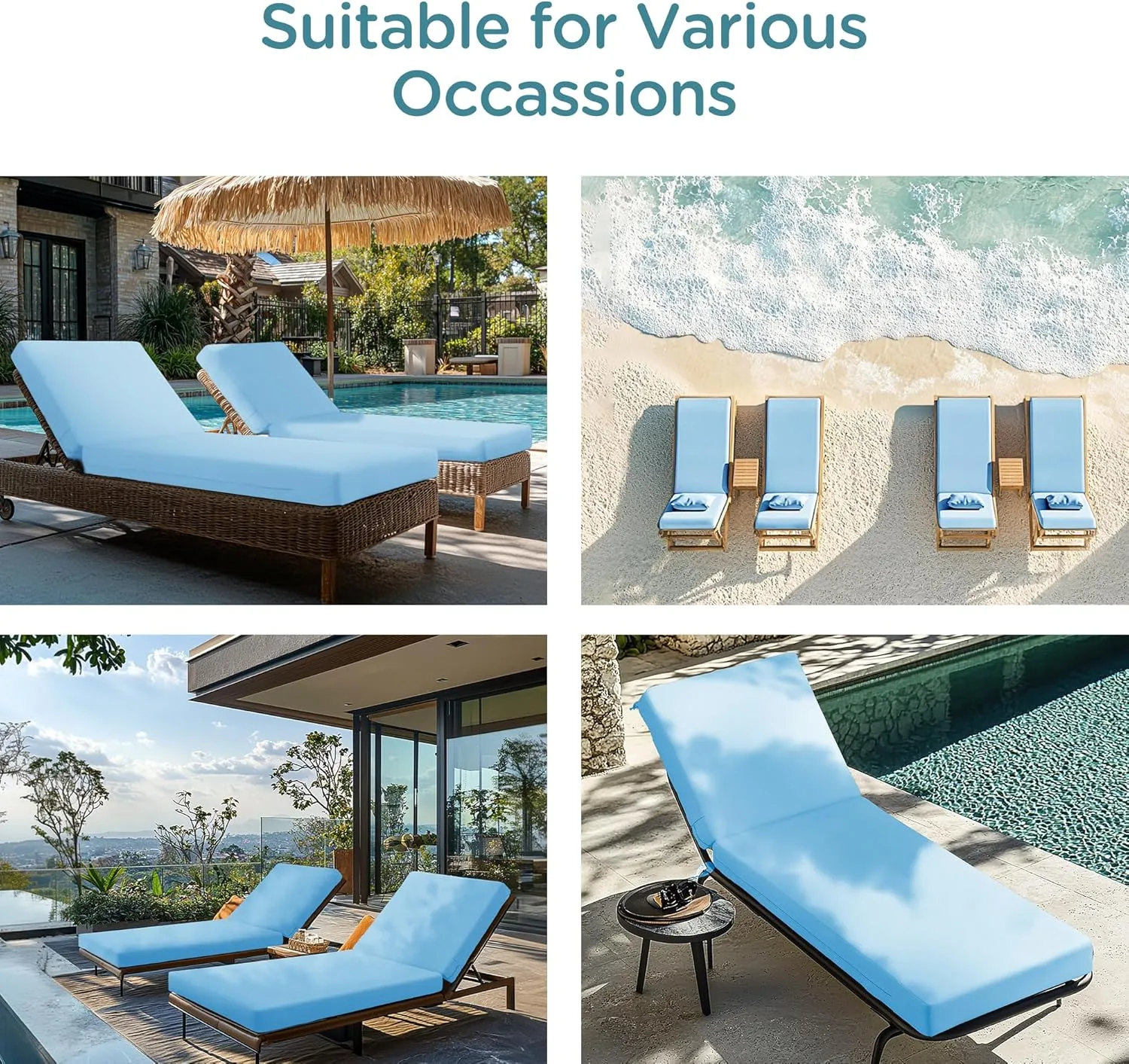 Codi Outdoor Lounge Chair Cushions, Chaise Cushion for Patio Furniture, Double Waterproof Fabric for Pool, Garden and Beach, 70 x 22.5 x 3.5 Inch 1PK Teal Blue