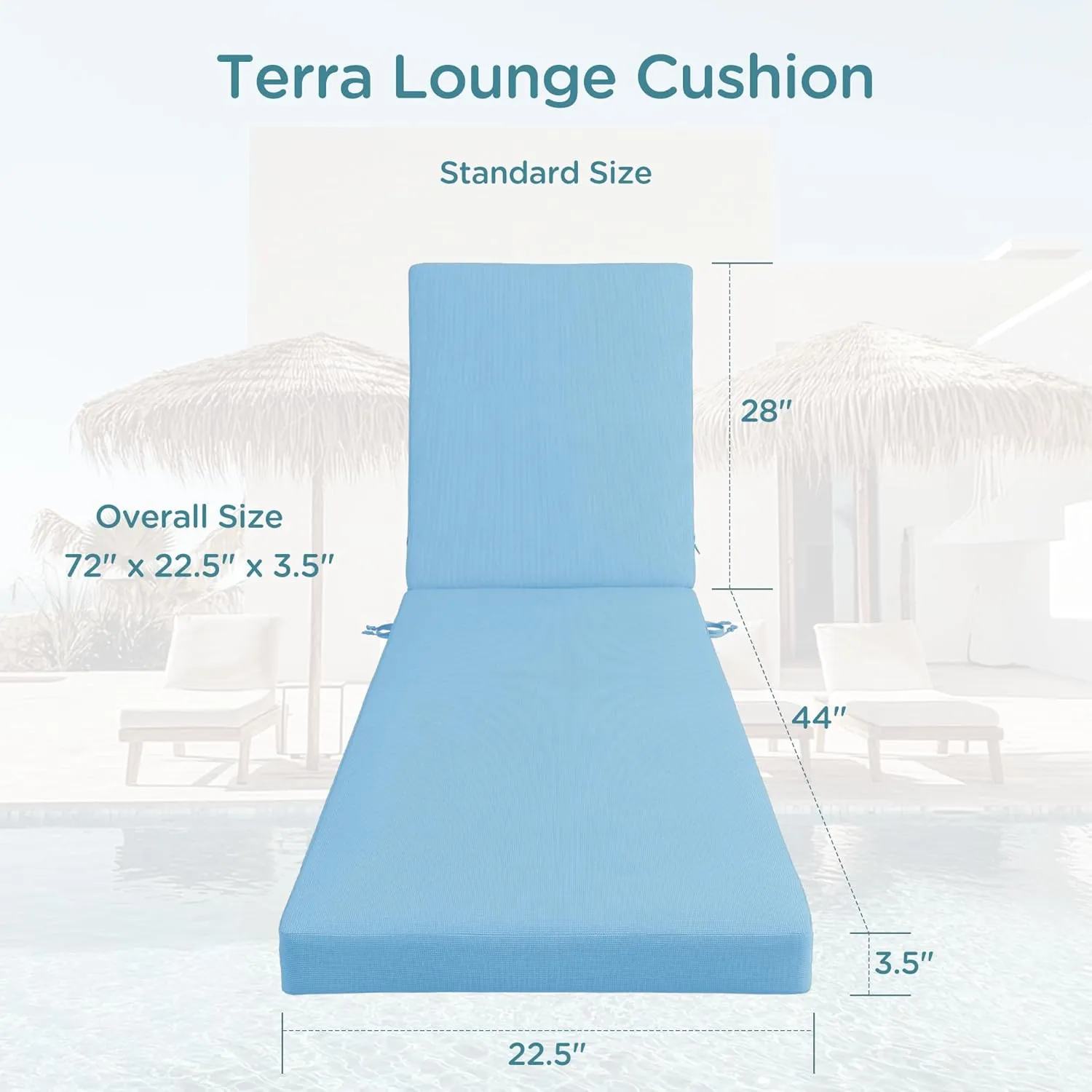 Codi Outdoor Lounge Chair Cushions, Chaise Cushion for Patio Furniture, Double Waterproof Fabric for Pool, Garden and Beach, 70 x 22.5 x 3.5 Inch 1PK Teal Blue