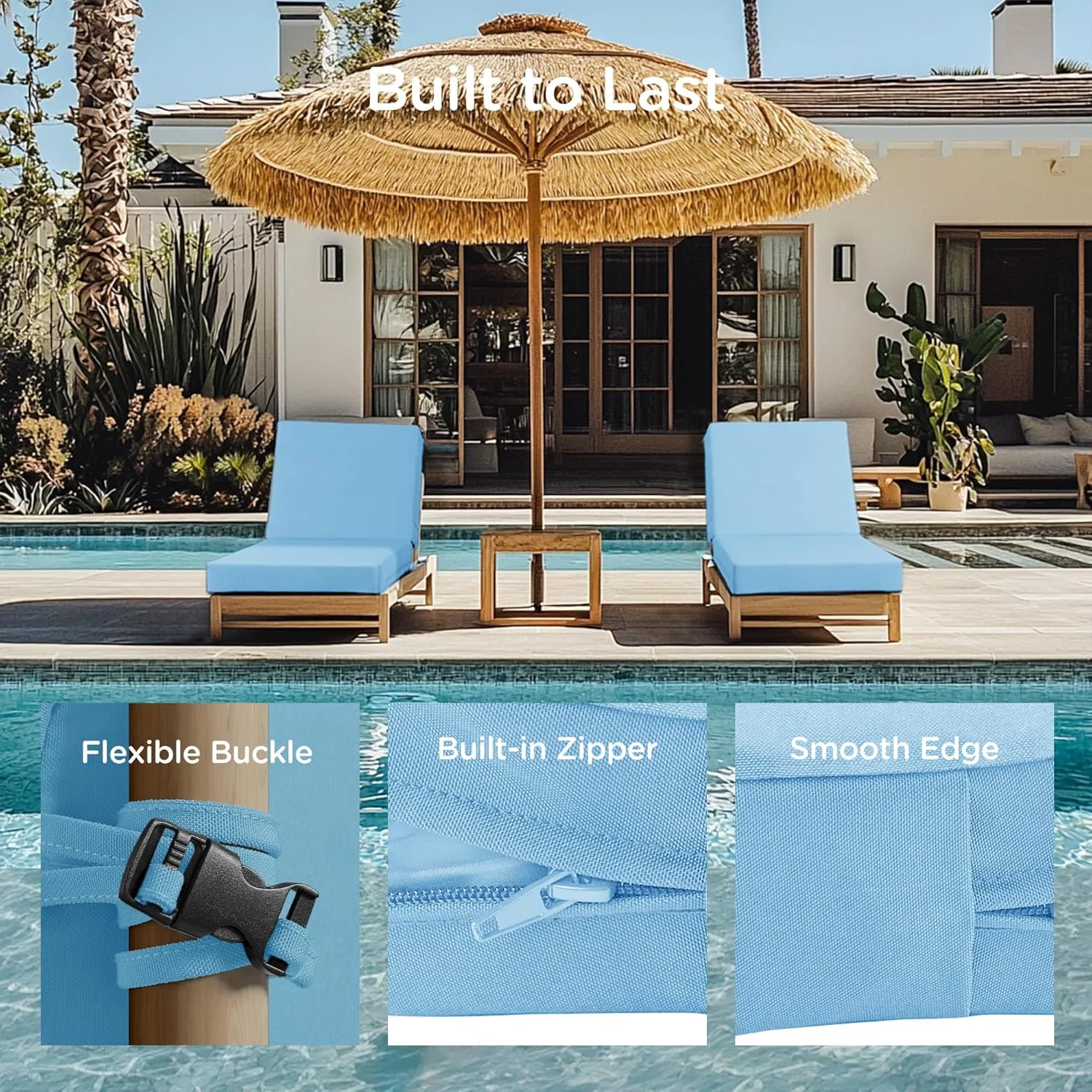 Codi Outdoor Lounge Chair Cushions, Chaise Cushion for Patio Furniture, Double Waterproof Fabric for Pool, Garden and Beach, 70 x 22.5 x 3.5 Inch 1PK Teal Blue