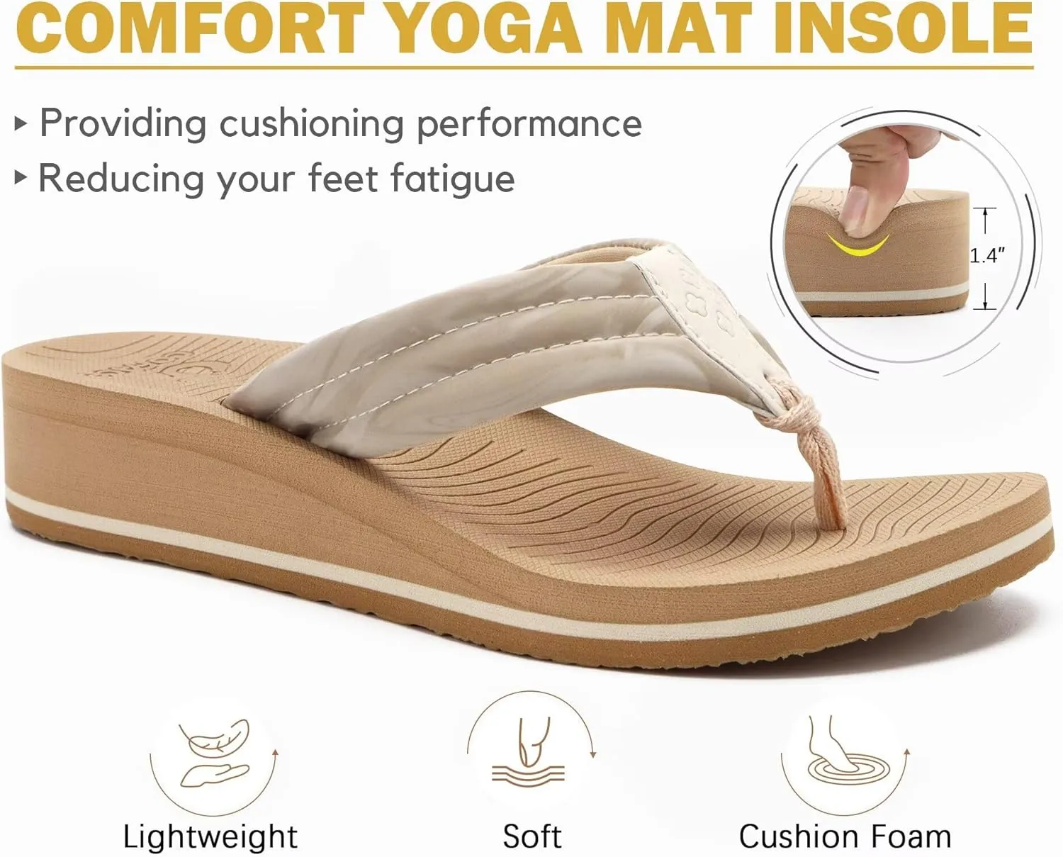 COFACE Women’s Flip Flops with Arch Support Ladies Fashion Lightweight Wedge Flip Flops Comfortable Yoga Mat Sole Summer Platform Thong Sandals