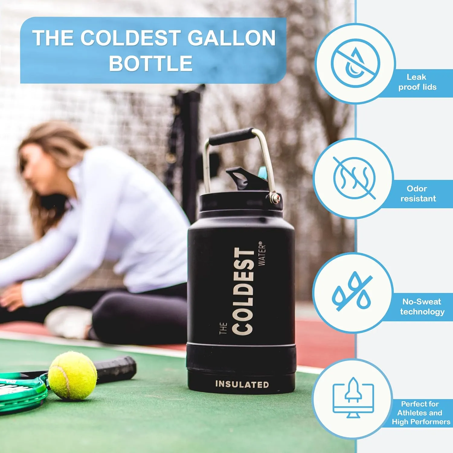 COLDEST Sports Water Bottle 128 oz/One Gallon (Straw Lid), Leak Proof, Vacuum Insulated Stainless Steel, Hot Cold, Double Walled, Thermo Mug, Metal Canteen Growler Jug (Gun Metal, Gallon)