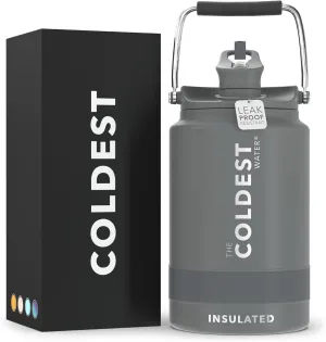 COLDEST Sports Water Bottle 128 oz/One Gallon (Straw Lid), Leak Proof, Vacuum Insulated Stainless Steel, Hot Cold, Double Walled, Thermo Mug, Metal Canteen Growler Jug (Gun Metal, Gallon)