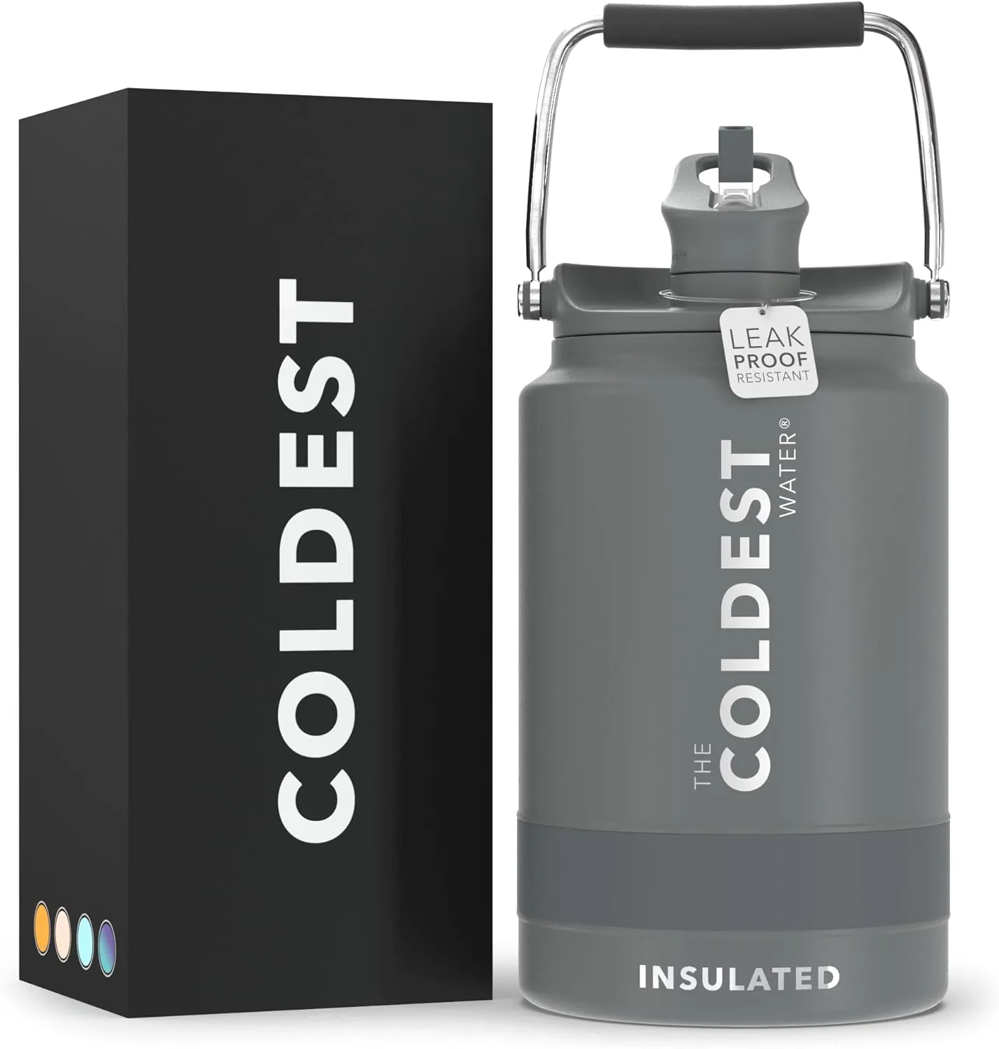 COLDEST Sports Water Bottle 128 oz/One Gallon (Straw Lid), Leak Proof, Vacuum Insulated Stainless Steel, Hot Cold, Double Walled, Thermo Mug, Metal Canteen Growler Jug (Gun Metal, Gallon)