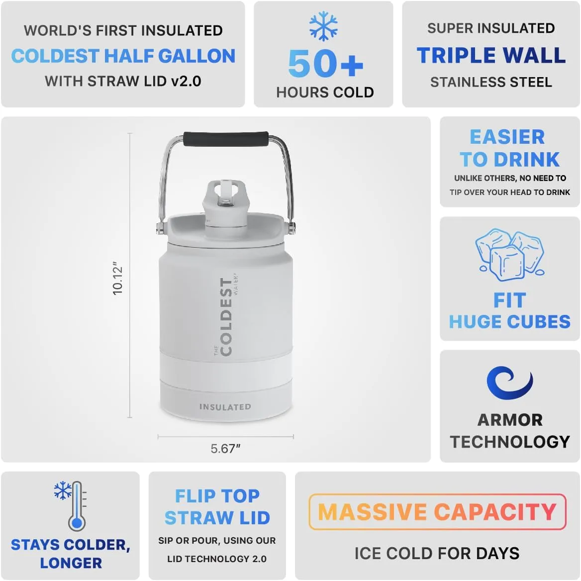 COLDEST Sports Water Bottle Half Gallon (Straw Lid), Leak Proof, Vacuum Insulated Stainless Steel, Hot Cold, Double Walled, Metal Canteen Growler Jug (Epic White, Half Gallon)