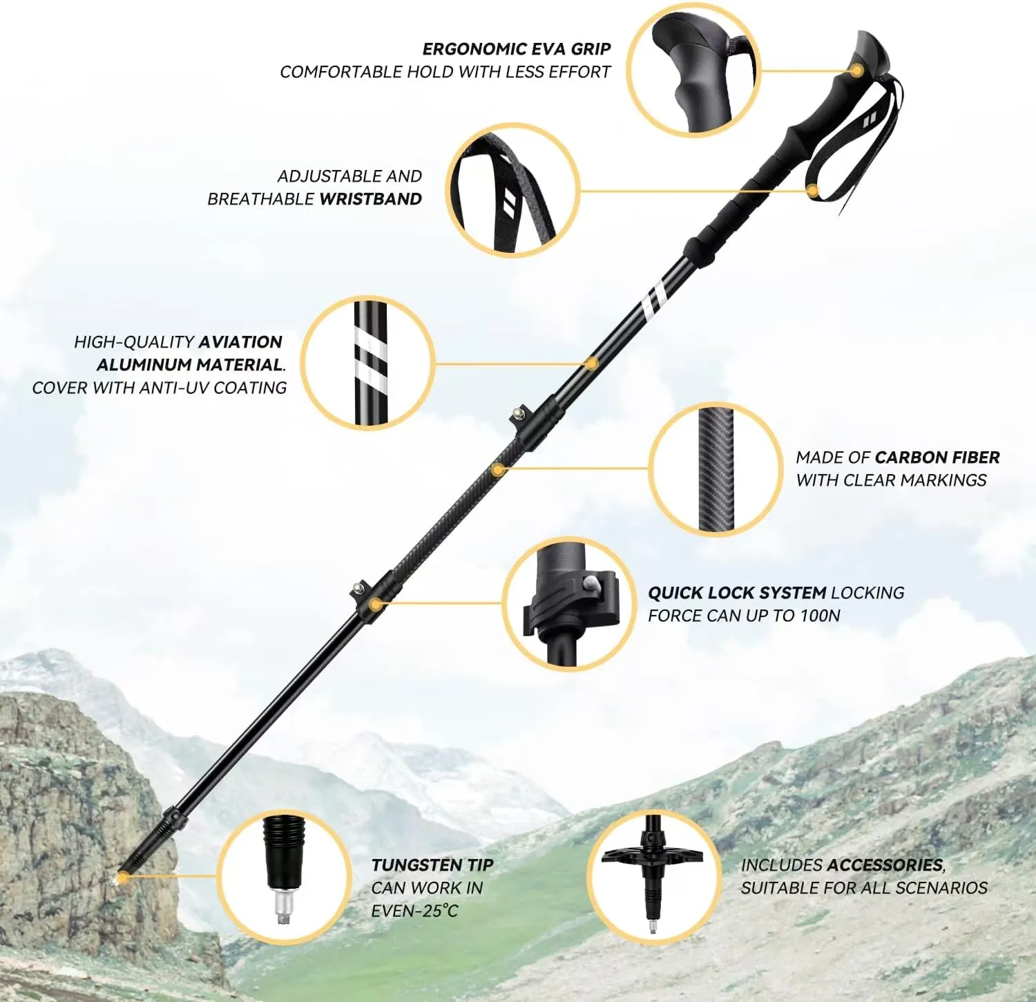 Collapsible Hiking Poles,1 Pair (2 Poles) Lightweight Aluminum Adjustable Walking Poles,Carbon Fiber Trekking Poles with Flip Lock and EVA Grips Suitable for All Kinds of Travel