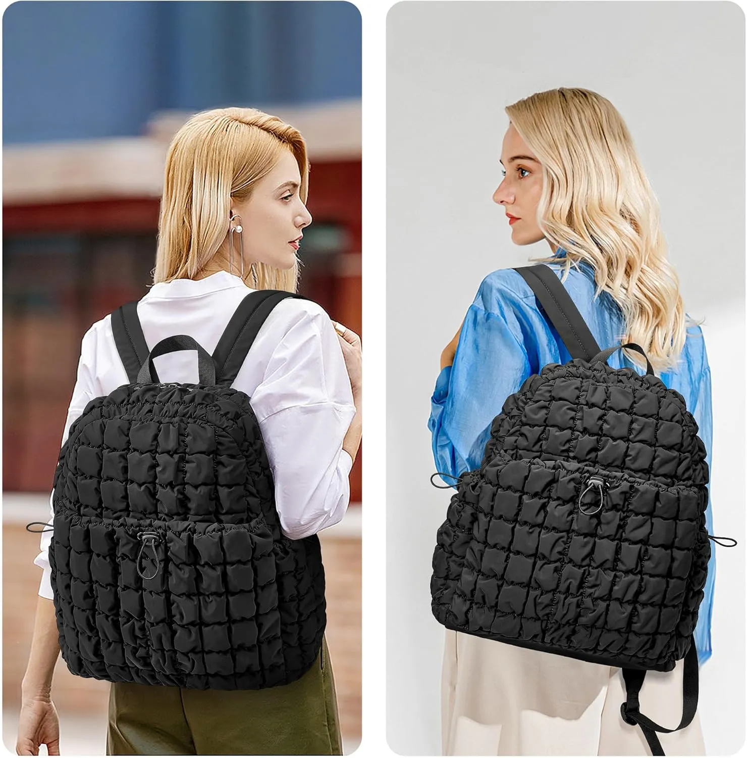 CORALDAISY Quilted Backpack for Women Lightweight Puffer Puffy Backpack, Hiker Pack Drawstring Padding Daypack Bookbag Travel Gym Bag (Black)