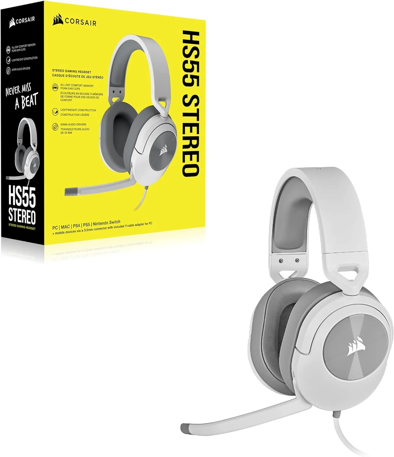 Corsair HS55 Stereo Gaming Headset (Leatherette Memory Foam Ear Pads, Lightweight, Omni-Directional Microphone, PC, Mac, PS5/PS4, Xbox Series X | S, Nintendo Switch, Mobile Compatibility) White
