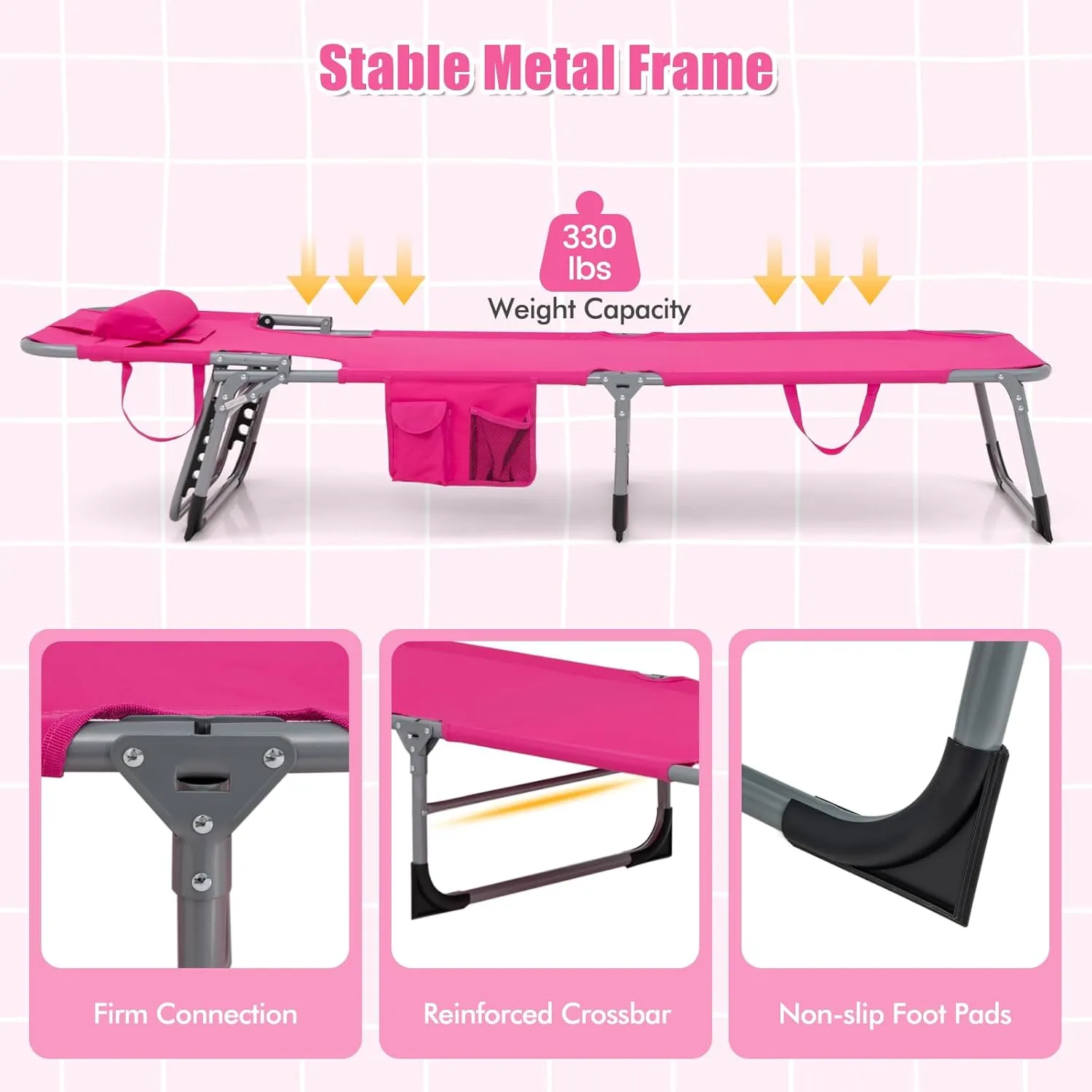 COSTWAY Folding Beach Lounge Chair, Tanning Chair with Face Hole, 5-Position Adjustable Backrest, Pillow & Side Pocket, Foldable Chaise Lounge Chair Outdoor for Sunbathing, Camping (1, Pink)