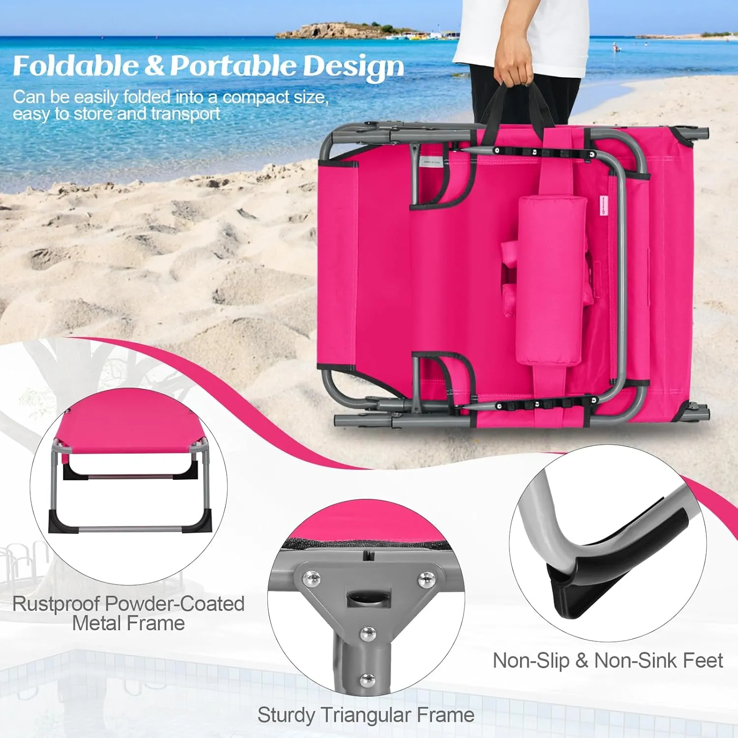 COSTWAY Folding Beach Lounge Chair, Tanning Chair with Face Hole, 5-Position Adjustable Backrest, Pillow & Side Pocket, Foldable Chaise Lounge Chair Outdoor for Sunbathing, Camping (1, Pink)