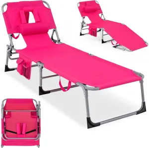 COSTWAY Folding Beach Lounge Chair, Tanning Chair with Face Hole, 5-Position Adjustable Backrest, Pillow & Side Pocket, Foldable Chaise Lounge Chair Outdoor for Sunbathing, Camping (1, Pink)