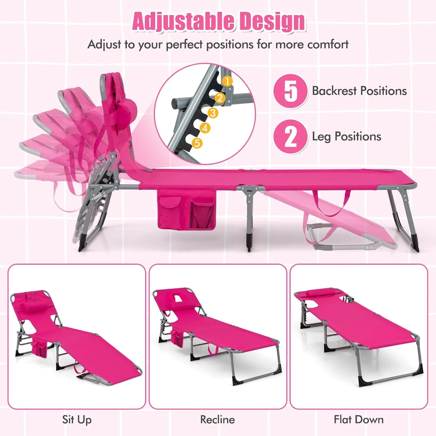 COSTWAY Folding Beach Lounge Chair, Tanning Chair with Face Hole, 5-Position Adjustable Backrest, Pillow & Side Pocket, Foldable Chaise Lounge Chair Outdoor for Sunbathing, Camping (1, Pink)