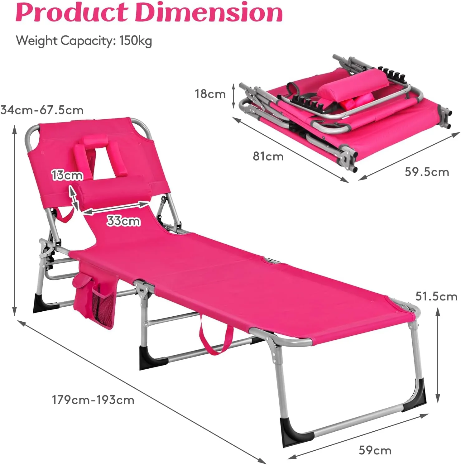 COSTWAY Folding Beach Lounge Chair, Tanning Chair with Face Hole, 5-Position Adjustable Backrest, Pillow & Side Pocket, Foldable Chaise Lounge Chair Outdoor for Sunbathing, Camping (1, Pink)