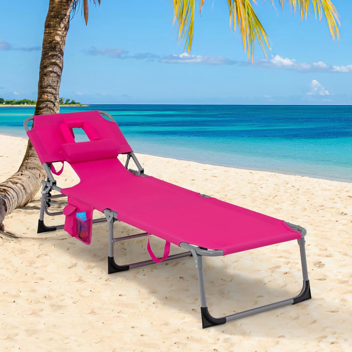 COSTWAY Folding Beach Lounge Chair, Tanning Chair with Face Hole, 5-Position Adjustable Backrest, Pillow & Side Pocket, Foldable Chaise Lounge Chair Outdoor for Sunbathing, Camping (1, Pink)