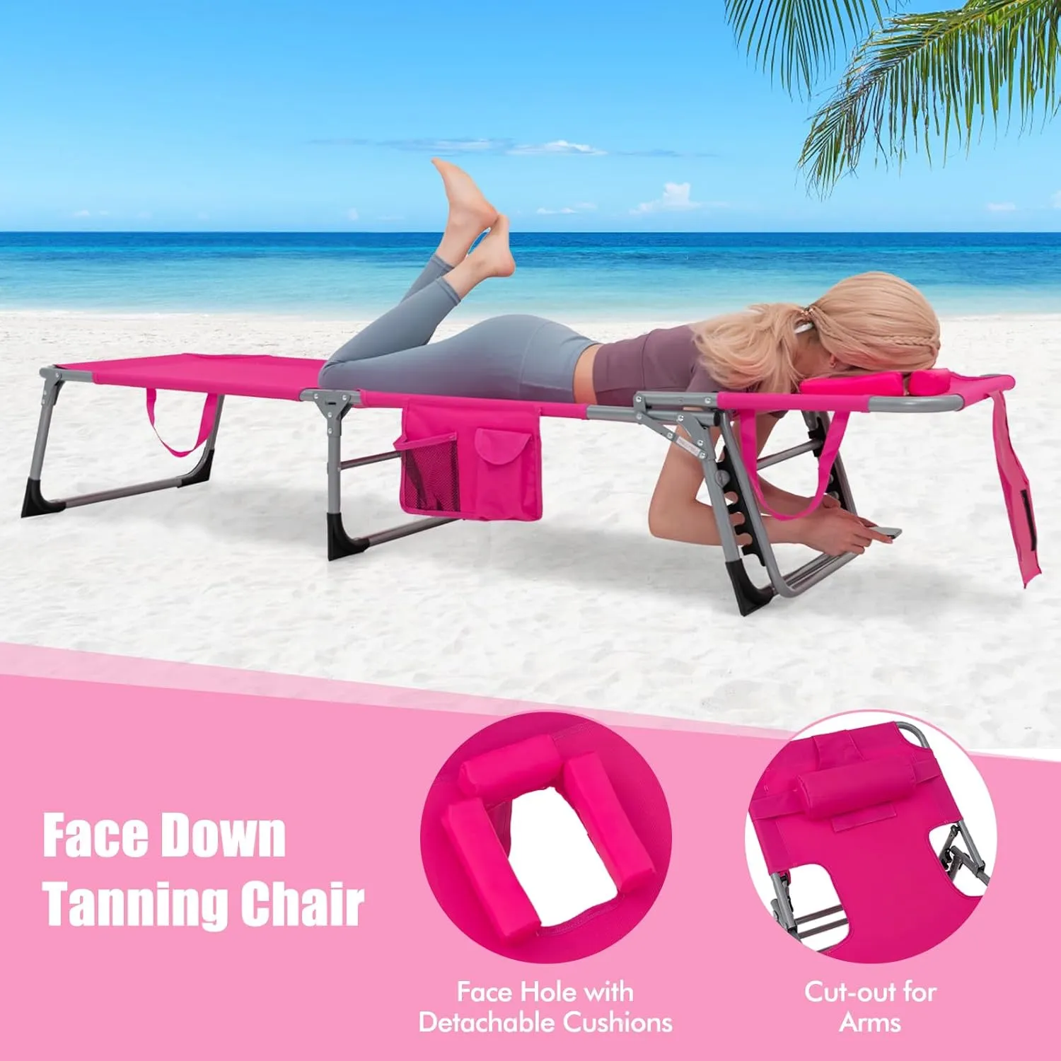 COSTWAY Folding Beach Lounge Chair, Tanning Chair with Face Hole, 5-Position Adjustable Backrest, Pillow & Side Pocket, Foldable Chaise Lounge Chair Outdoor for Sunbathing, Camping (1, Pink)