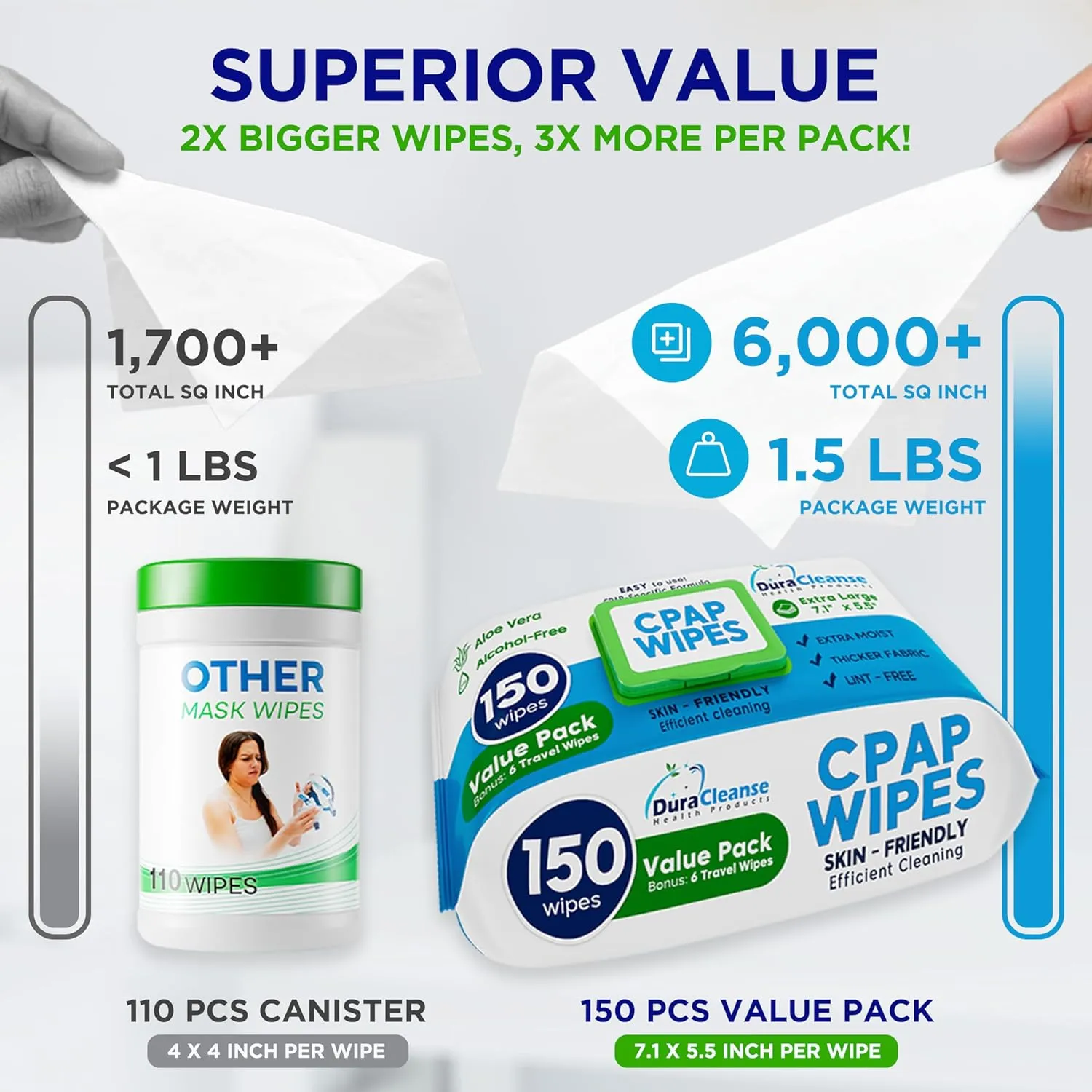 CPAP Mask Wipes - 150 Count Jumbo Pack   6 Travel Sheets - DuraCleanse Extra Large, Extra Moist Cleaning Wipes for Full Face, Nasal Masks - Unscented Cleaner for CPAP Machine, Supplies and Accessories