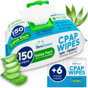 CPAP Mask Wipes - 150 Count Jumbo Pack   6 Travel Sheets - DuraCleanse Extra Large, Extra Moist Cleaning Wipes for Full Face, Nasal Masks - Unscented Cleaner for CPAP Machine, Supplies and Accessories