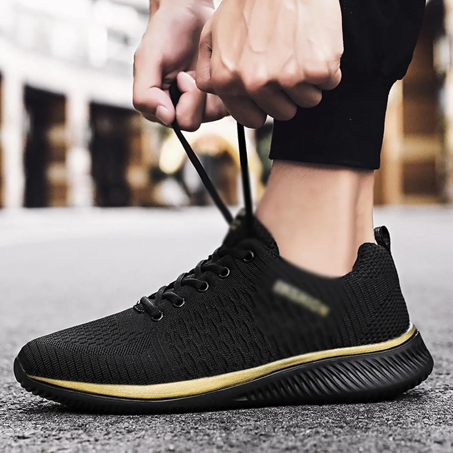 DHAEY Cross Trainer Shoes Unisex Knitted Mesh Cloth Breathable Soft Non-Slip Sole Squat Shoes Comfortable Convenient Gym Sneakers (Color : Black Gold, Size : 12.5 Women/11 Men)