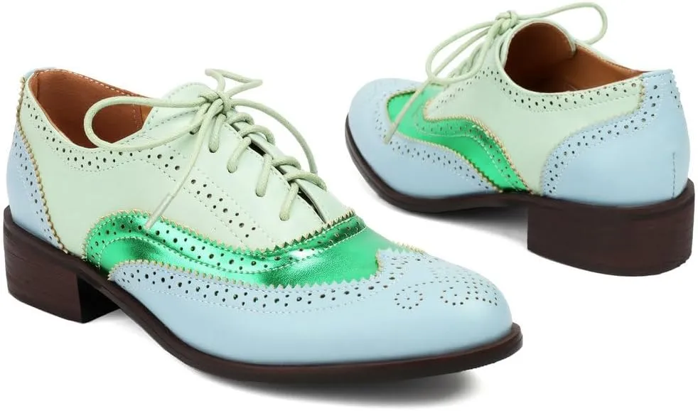 DINTAHA Womens Wingtip Oxford Shoes Chunky Low Heel Oxford Flats Lace Up Brogues Vintage Dress Shoes