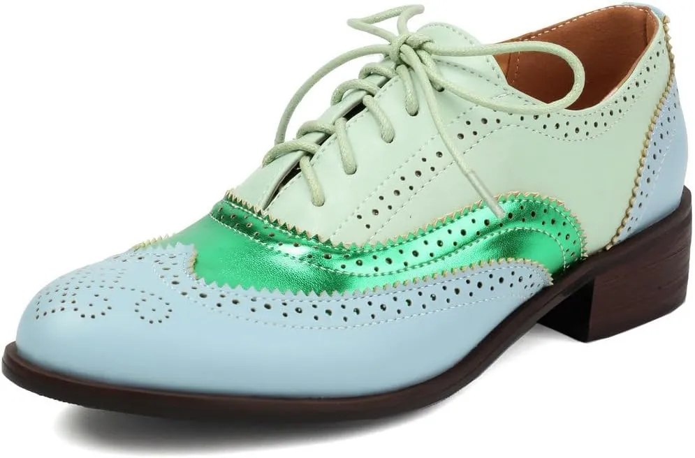DINTAHA Womens Wingtip Oxford Shoes Chunky Low Heel Oxford Flats Lace Up Brogues Vintage Dress Shoes