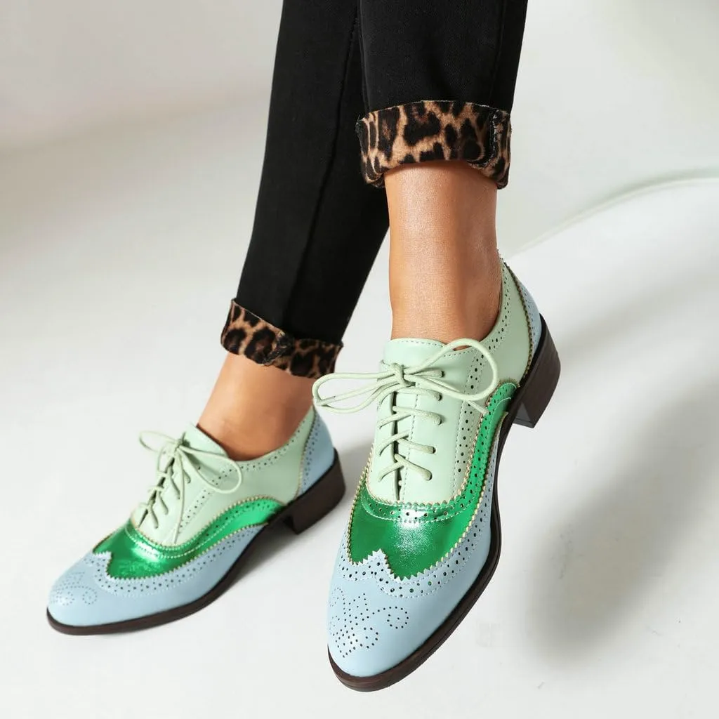 DINTAHA Womens Wingtip Oxford Shoes Chunky Low Heel Oxford Flats Lace Up Brogues Vintage Dress Shoes
