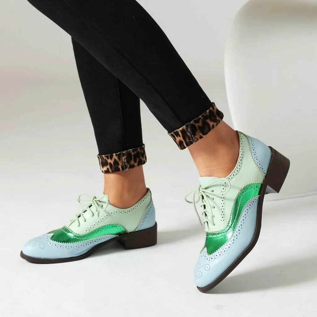 DINTAHA Womens Wingtip Oxford Shoes Chunky Low Heel Oxford Flats Lace Up Brogues Vintage Dress Shoes