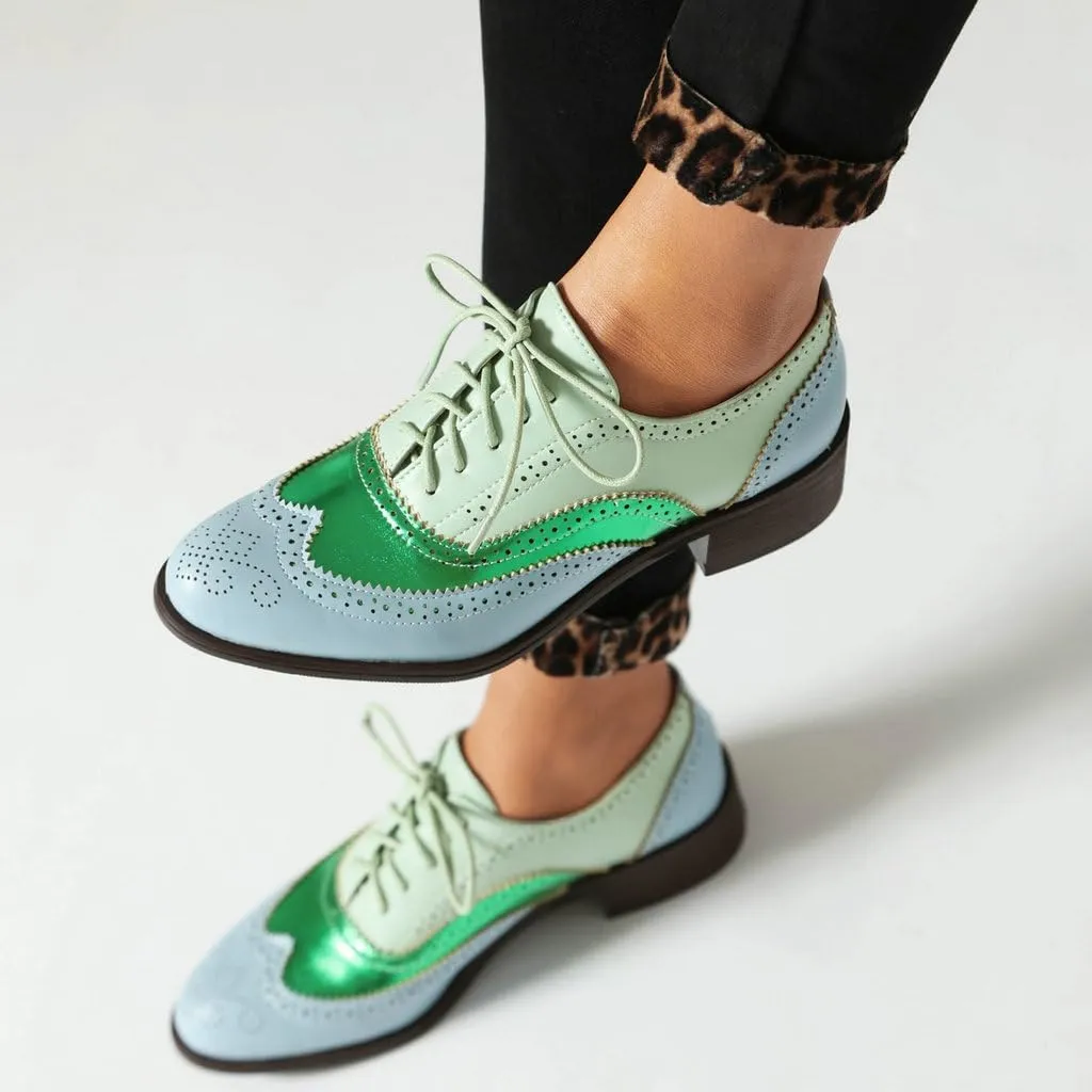 DINTAHA Womens Wingtip Oxford Shoes Chunky Low Heel Oxford Flats Lace Up Brogues Vintage Dress Shoes