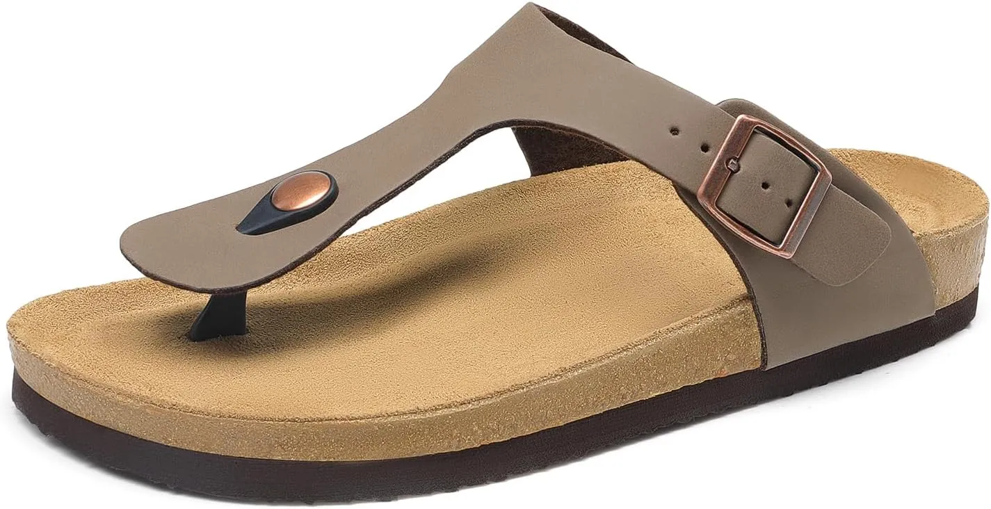 DREAM PAIRS Arch Support Thong Sandals for Women Casual Leather Flip Flops Dressy Slides with Soft Cork Footbed Adjustable Strap for Summer Beach Vacation