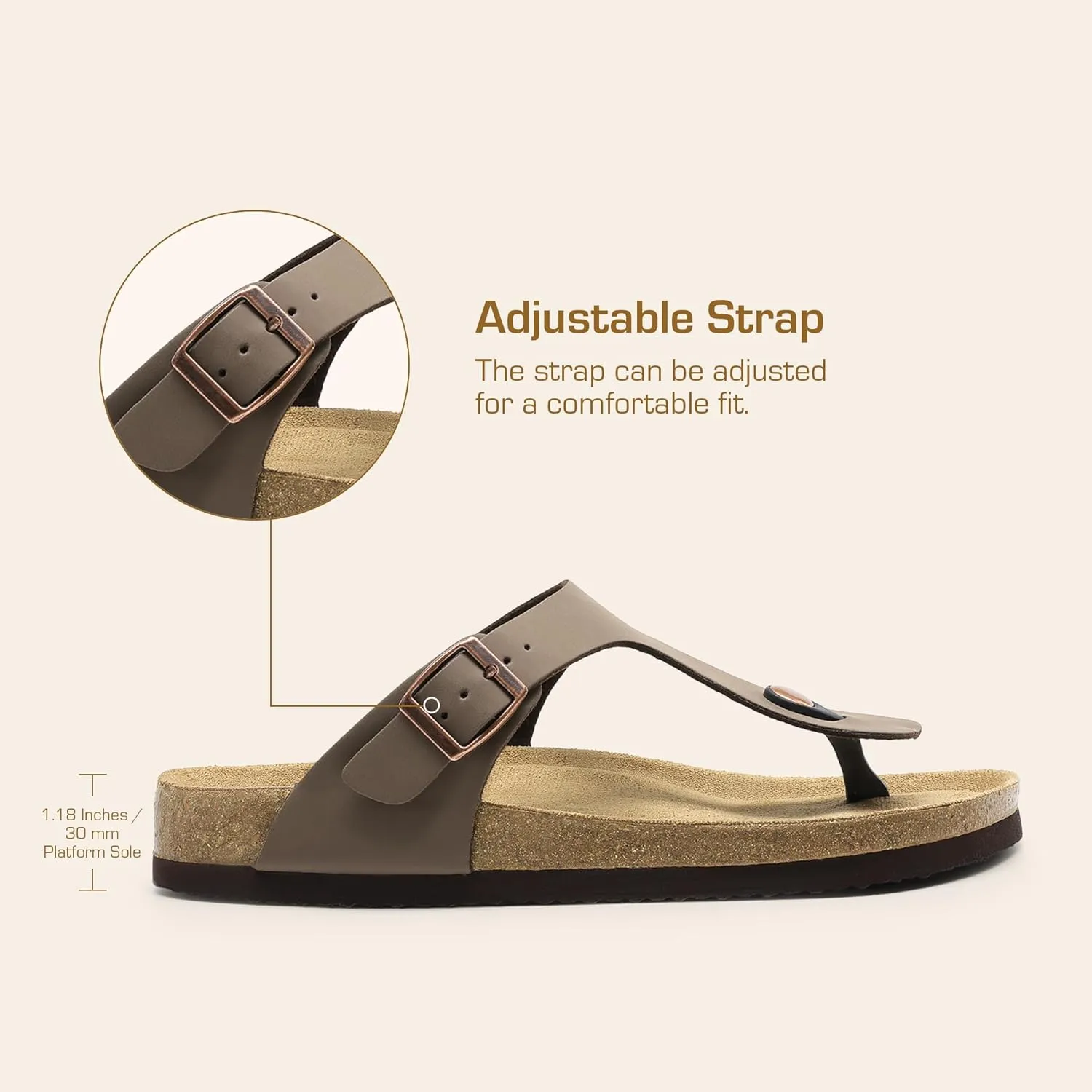 DREAM PAIRS Arch Support Thong Sandals for Women Casual Leather Flip Flops Dressy Slides with Soft Cork Footbed Adjustable Strap for Summer Beach Vacation