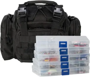 Dr.Fish Fishing Tackle Bag 5 Boxes with 60 Lures Included Loaded Stocked Tackle Box Set Spinner Lures Kit Freshwater Gear Equipment